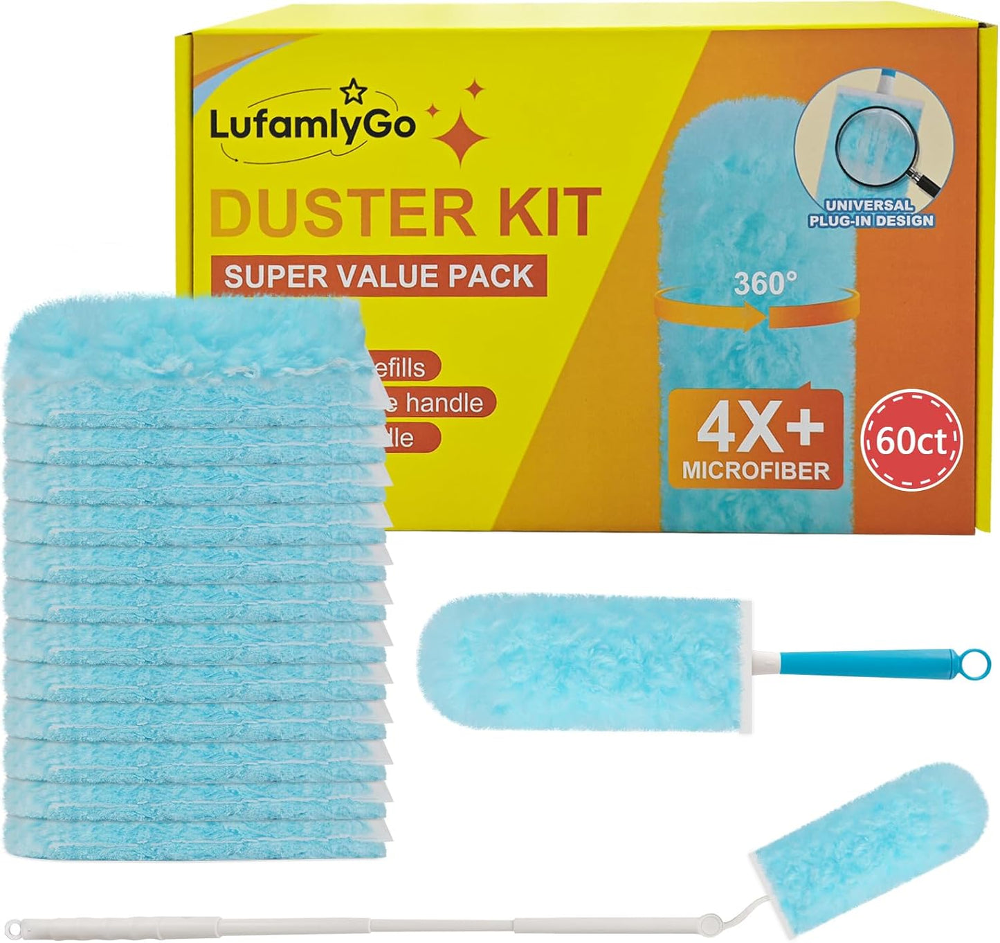 60ct 360° Heavy Duty Duster Refills Kit for Swiffer Duster, 4X Dust Capture Power with Microfiber, Disposable Feather Dusters for Cleaning Ceiling Fan, Cobweb, Car,1 Extended &1 Short Handle