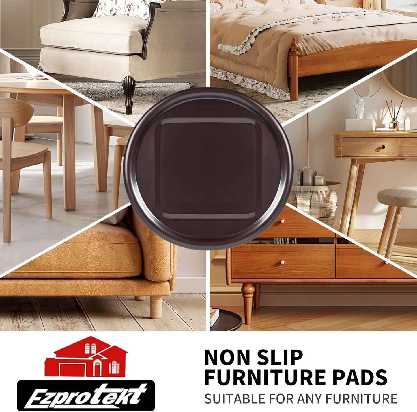 Ezprotekt 4 inch Round Non Slip Furniture Pads for Hardwood & Tile Floors, 16 Pcs Non Skid Furniture Coasters Cups Floor Protectors for Bed, Sofa, Table, Chair, Cabinet, Brown/Black