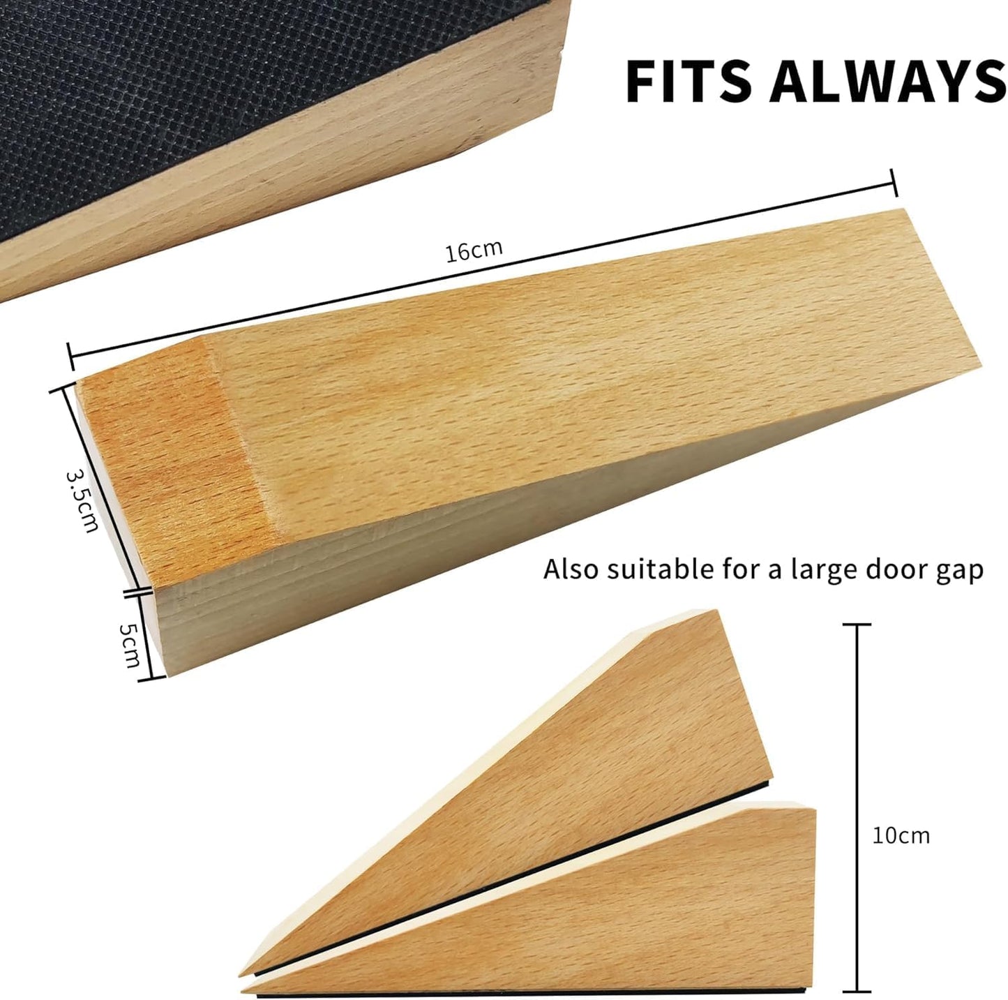 4 Pack Wooden Door Stop - Non-Slip Door Stoppers for Floor - Door Wedges for All Door Types and Surfaces - Each Door Stopper 2inch Thick, 6.3inch Long with Rubber