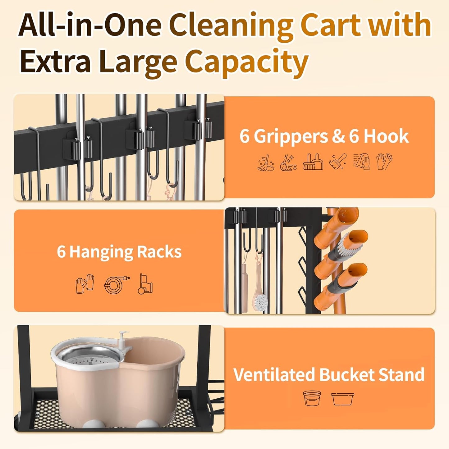Cleaning Supplies Organizer with Broom Holder Load 160 LBS Cleaning Cart with Wheels Broom Closet Storage with 6 Mop Hanger Grippers, 3 Double-Hooks, Vacuum Stand for Laundry Garage Organization