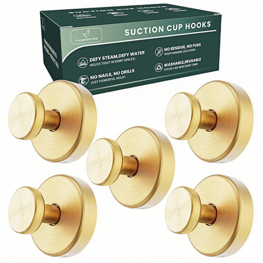 2025 Upgraded Stainless Steel Heavy Duty Suction Cup Hooks for Shower Bathroom Accessories Removable Hook for Glass Window Door Wall Hooks for Hanging Towels Robes Wreaths (Pack of 5, Gold)