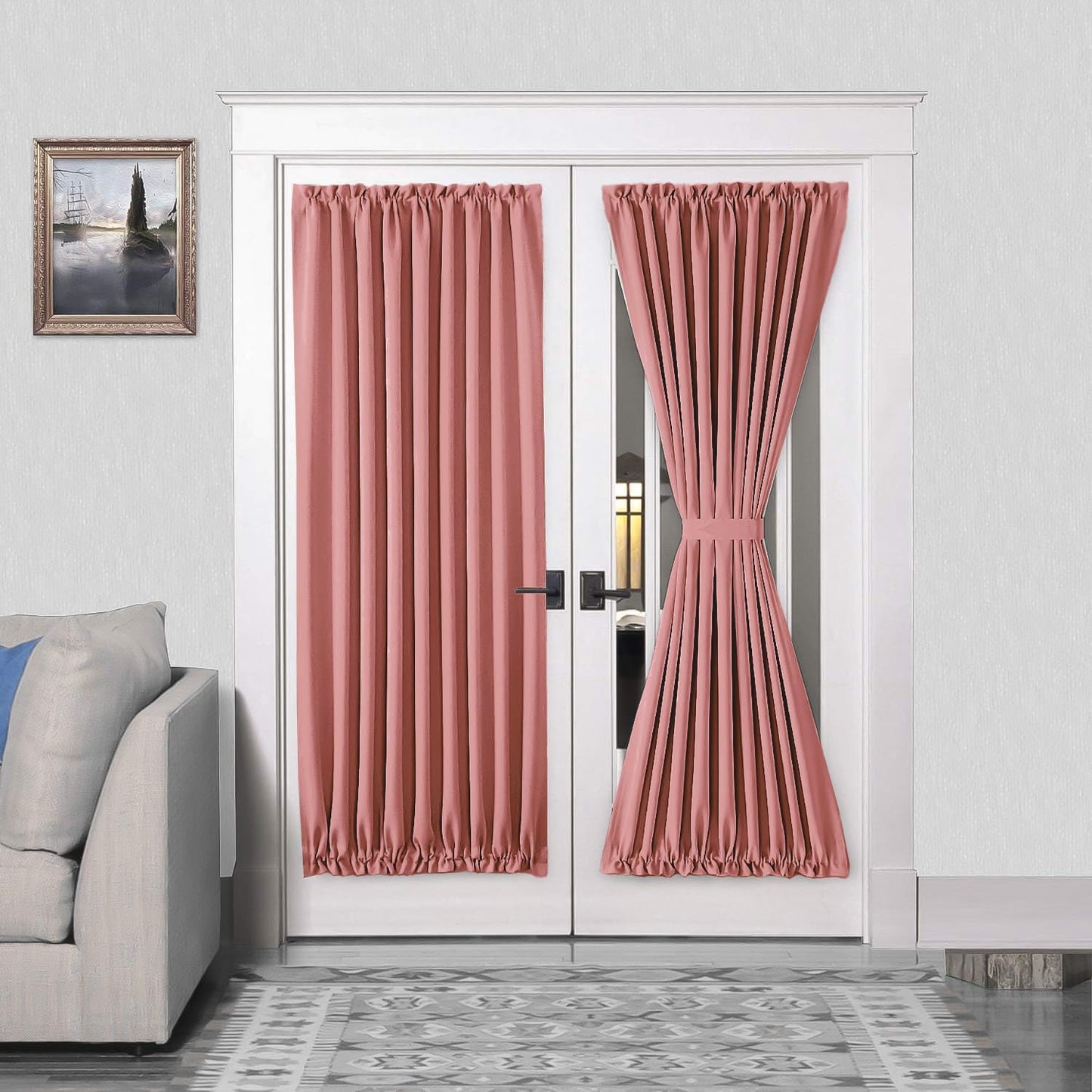 DWCN French Door Curtains – Rod Pocket Thermal Blackout Curtain for Window/Doorways/Kitchen/Classroom/Patio Doors for Privacy, 54W by 72L Inches, 1 Panel with Tieback, Dry Rose