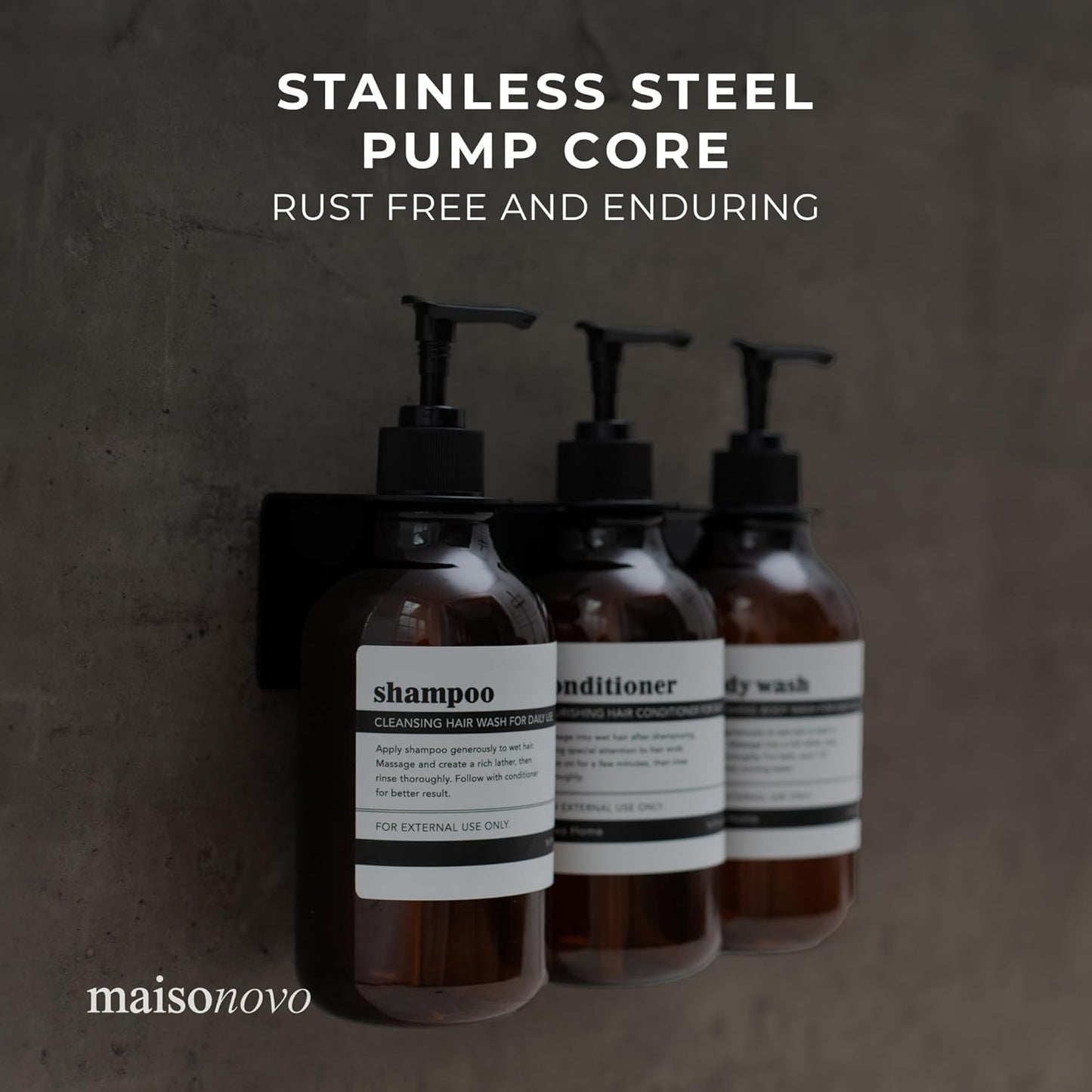 MaisoNovo Shampoo and Conditioner Dispenser - Shower Soap Dispenser Wall Mounted - 16.9 fl oz Set of 2 Amber Plastic Bottles Black Pump - Shampoo Dispenser, Shower Dispenser 2 Chamber No Drill