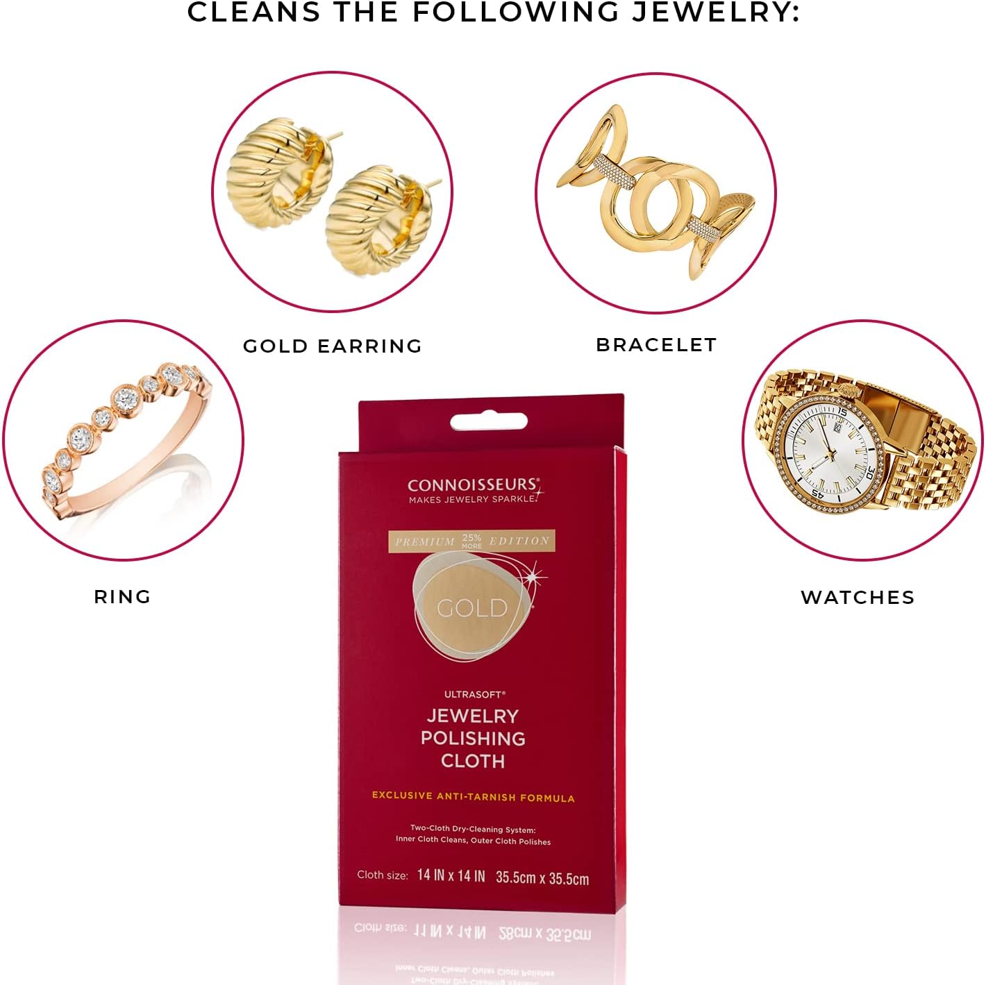 CONNOISSEURS Premium Edition Extra Large Polishing Cloth for Gold Jewelry - Ultrasoft Fabric with Anti-Tarnish Formula - 14x14 Inches