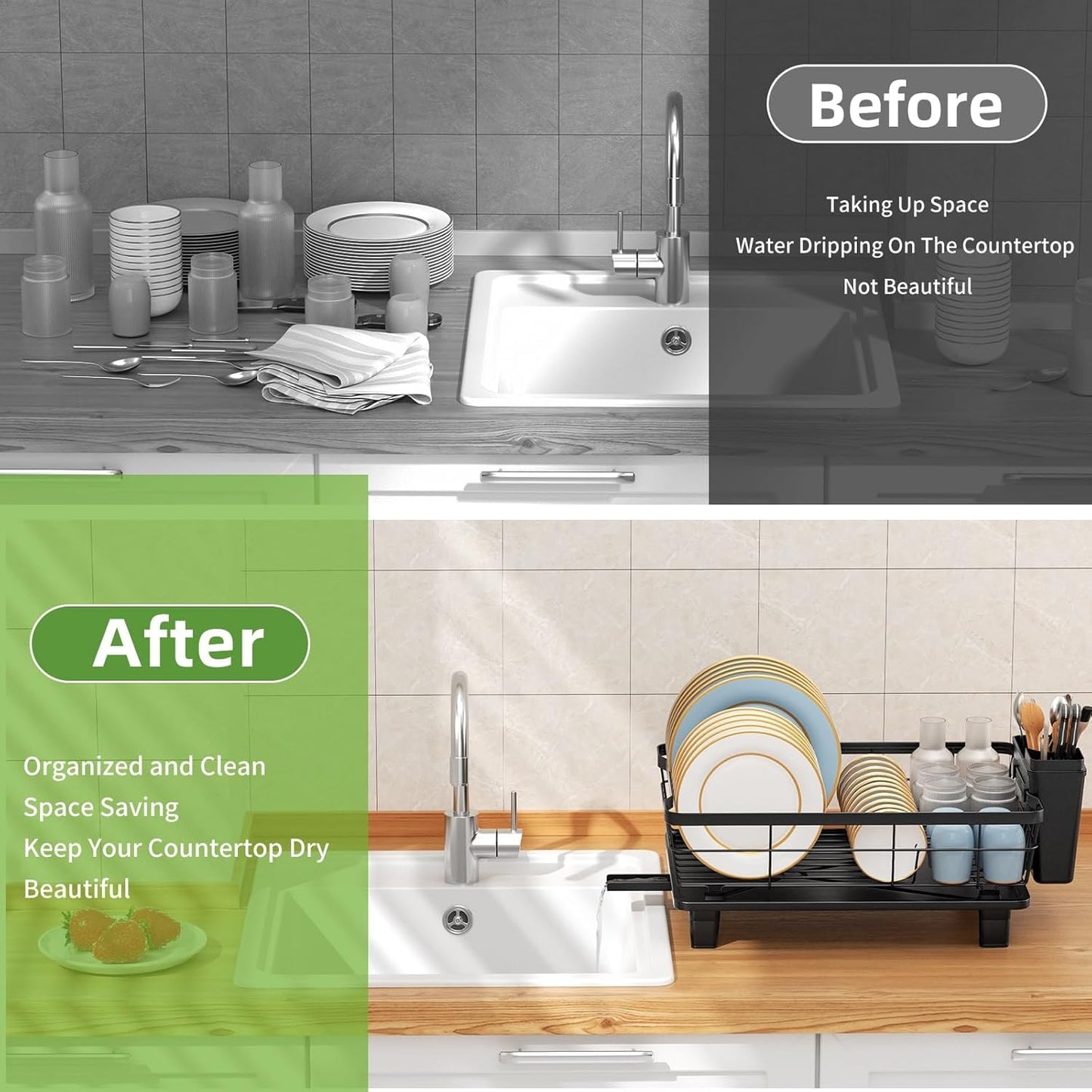 Dish Drying Rack with Drainboard for Kitchen Counter, Large Capacity Durable Rustproof Stainless Steel Dish Drainer Rack with Removable Flatware Caddy -Black