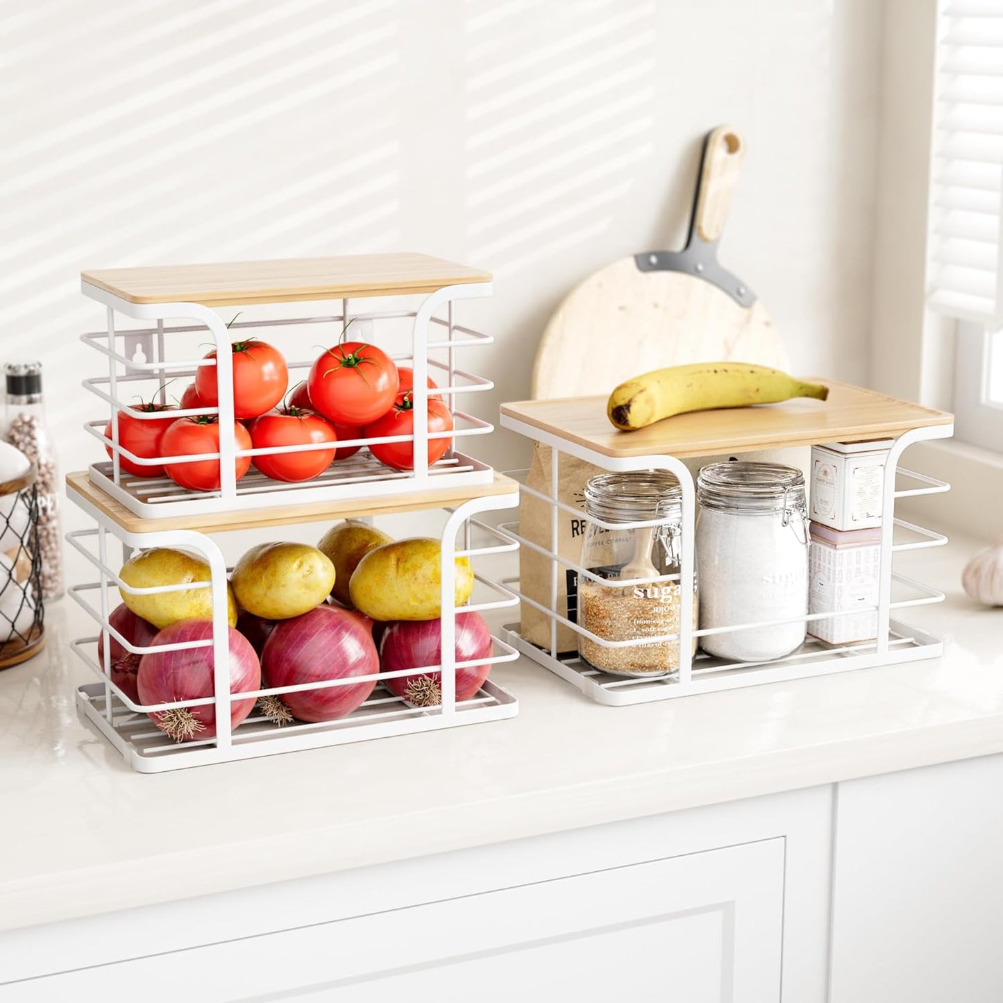 3 Pack Stackable Pantry Organizer,Stainless Steel Trash Bag Holder Dispenser,Kitchen Storage Organization for Kitchen Counter Sink,Laundry Room,Pantry, White