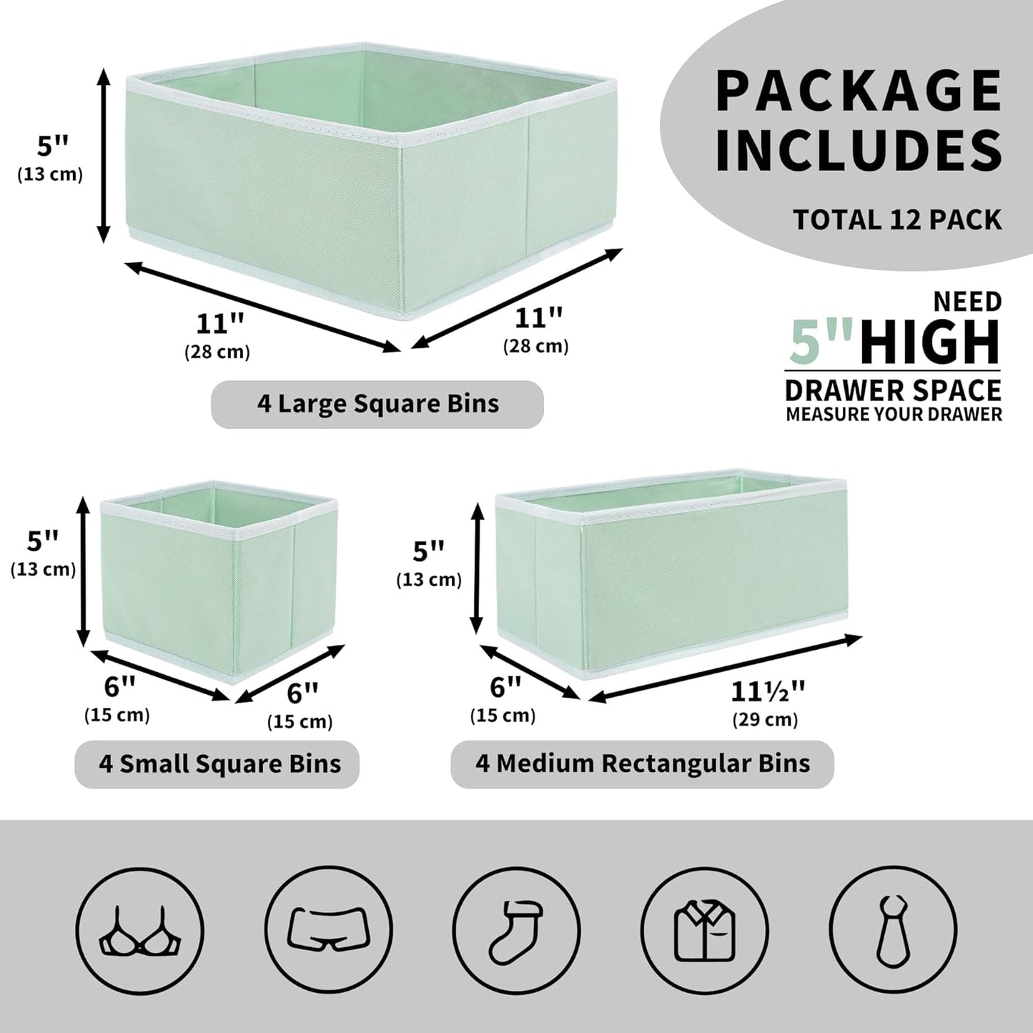 Cupic Cupid Drawer Organizer, Dresser Organizers, Foldabe Drawer Organizer Clothes, Closet Organization and Storage Dividers for Socks, Underwear and Diaper, Set of 12, Green