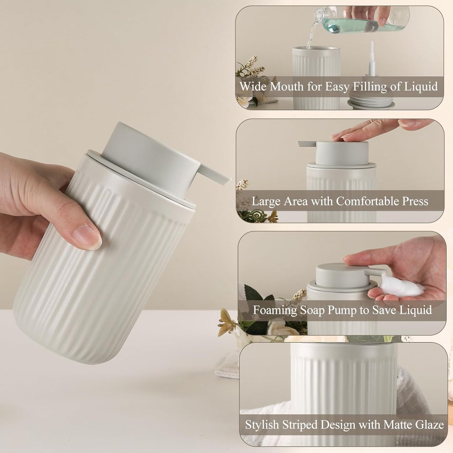 BosilunLife Foam Hand Soap Dispenser - Ceramic Foaming Soap Dispenser for Bathroom 12oz Refillable Liquid Lotion Soap Dispenser with Rust-Proof Foaming Pump for Countertop