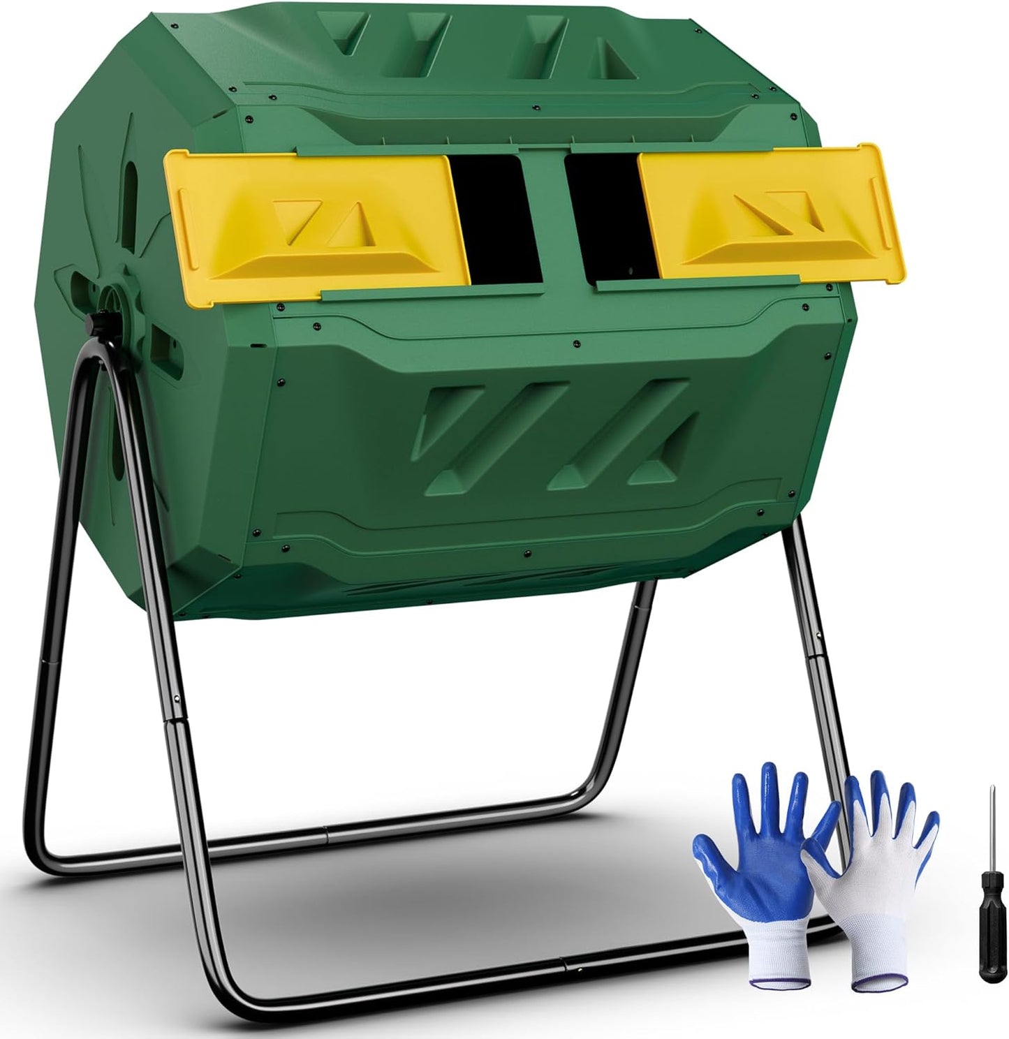 43 Gallon Outdoor Dual Chamber Tumbling Composter - BPA Free, Rotating Compost Bin with Sliding Doors & Steel Frame for Garden/Yard