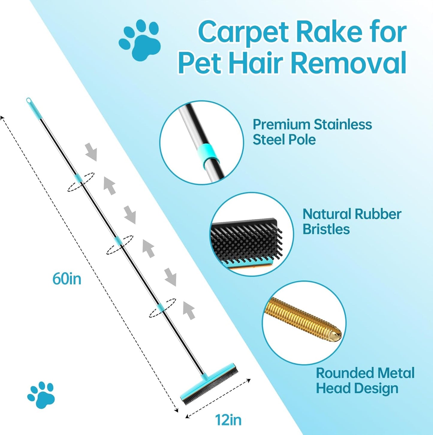 Carpet Rake - 60" Long Handle Pet Hair Removal with Metal Fabric Edge Design,Carpet Broom,Carpet Rake for Carpets, Rugs,Mats,Couch,Stairs(3 pcs)