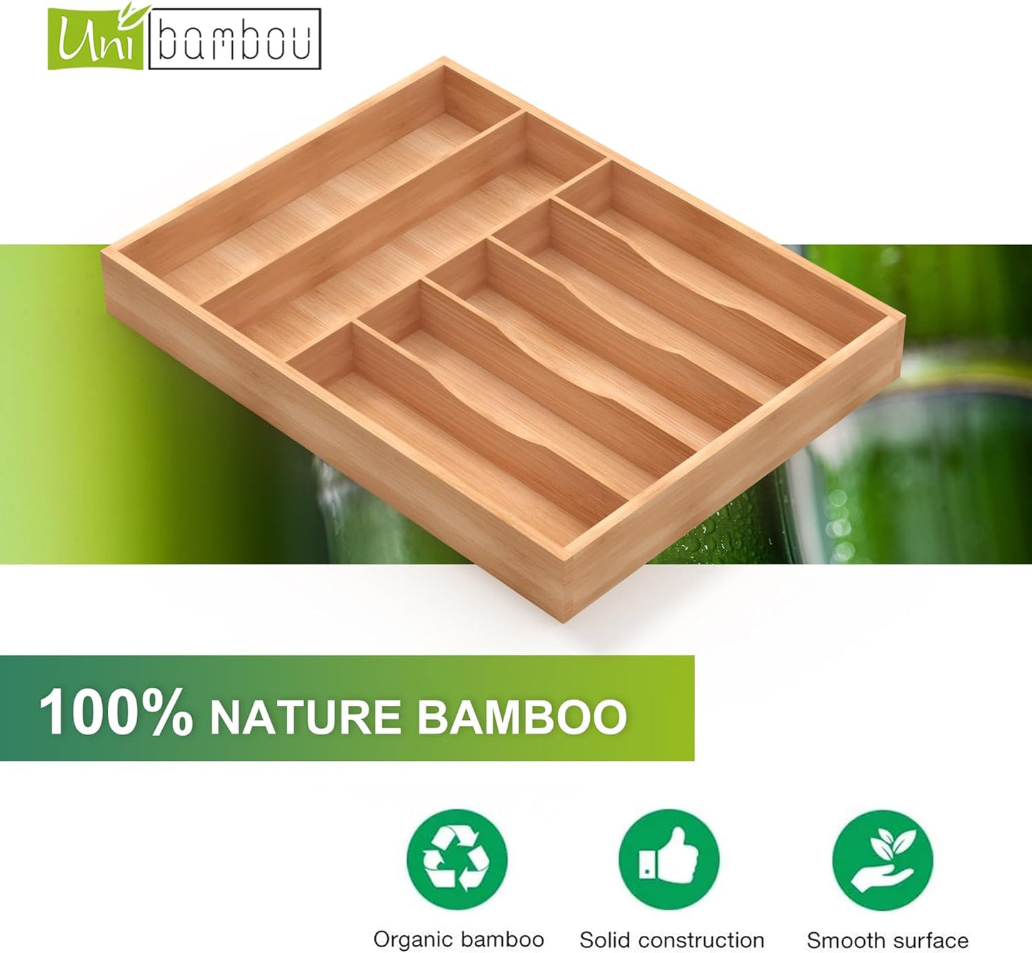 Bamboo Utensil Drawer Organizer, Silverware Tray Organizer, Kitchen Drawer Organizer for Flatware Cutlery, Silverware Tray for Drawer (brown, Large 16.5x12.3 Inch)