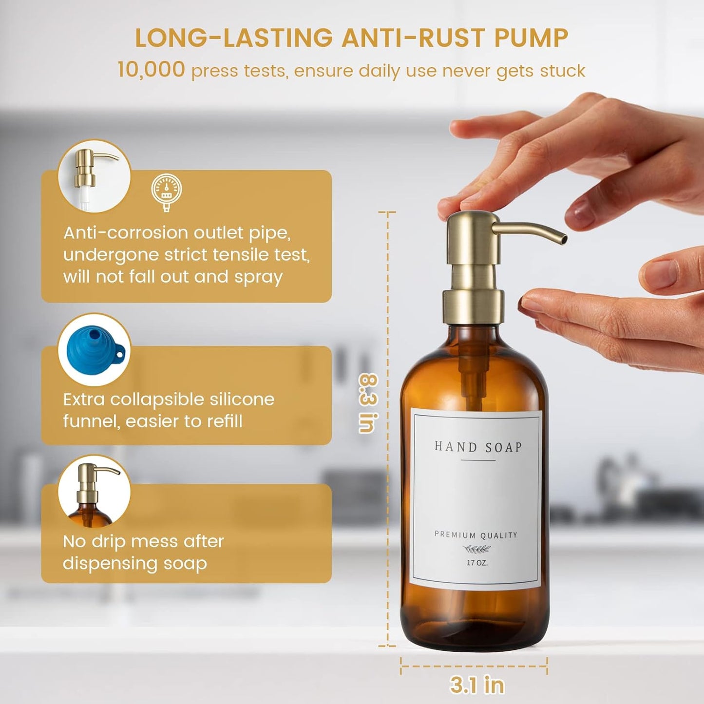 Glass Soap Dispenser for Kitchen Sink,Farmhouse Kitchen Dish Soap Dispenser&Hand Soap Dispenser Set,Rustproof Pump Bathroom Soap Dispenser with Tray,Waterproof Label for Kitchen Decor(Amber