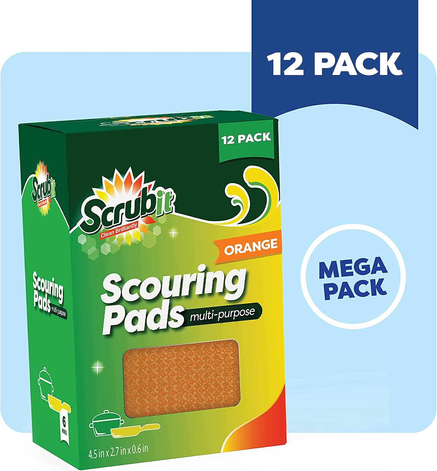 SCRUBIT Multi-Purpose Dish Scrub Sponge, Non Scratch Scouring Pads, Cleaning Sponges for pots, Dishes & Non-Stick Cookware - Pot Scrubber Sponges for Kitchen & Bathroom - 12 Pack Dish Sponge (Orange)