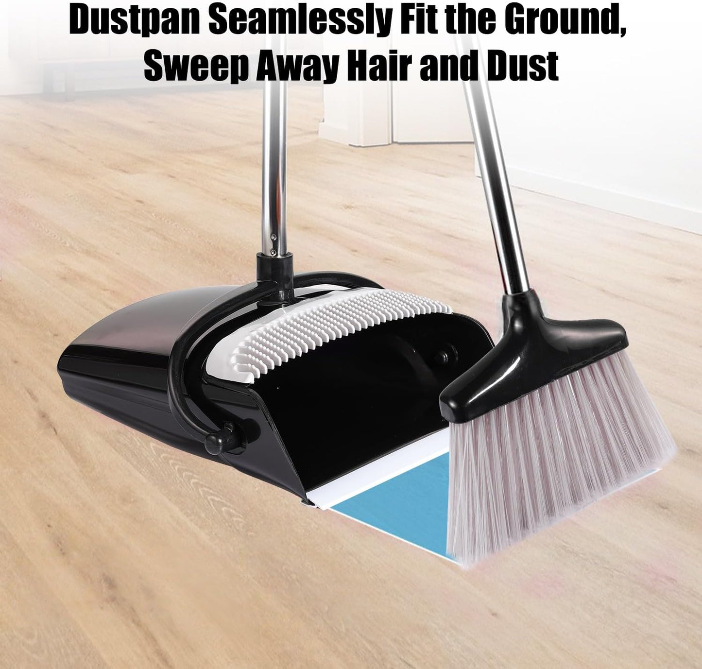 Broom and Dustpan Set with Long Handle and 6 Bonus Cleaning Tools, Upright Standing Combo with Self-Cleaning Teeth & Windproof Dustpan for Pet Hair, Home, Kitchen, Garage, Apartment
