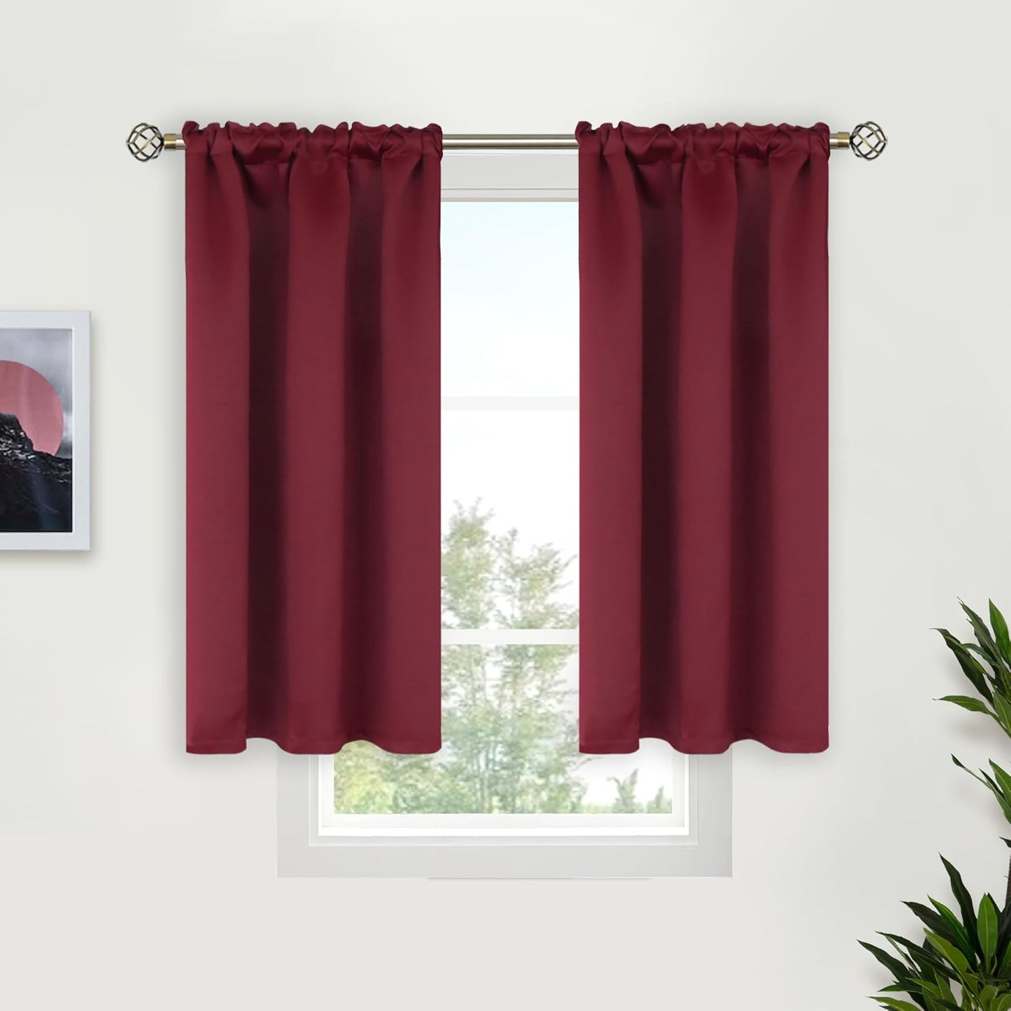 BGment Burgundy Blackout Curtains for Kitchen Cafe Window - Short Half Window Drapes Thermal Insulated Privacy for Rv Bathroom, 34 x 40 Inch, 2 Panels