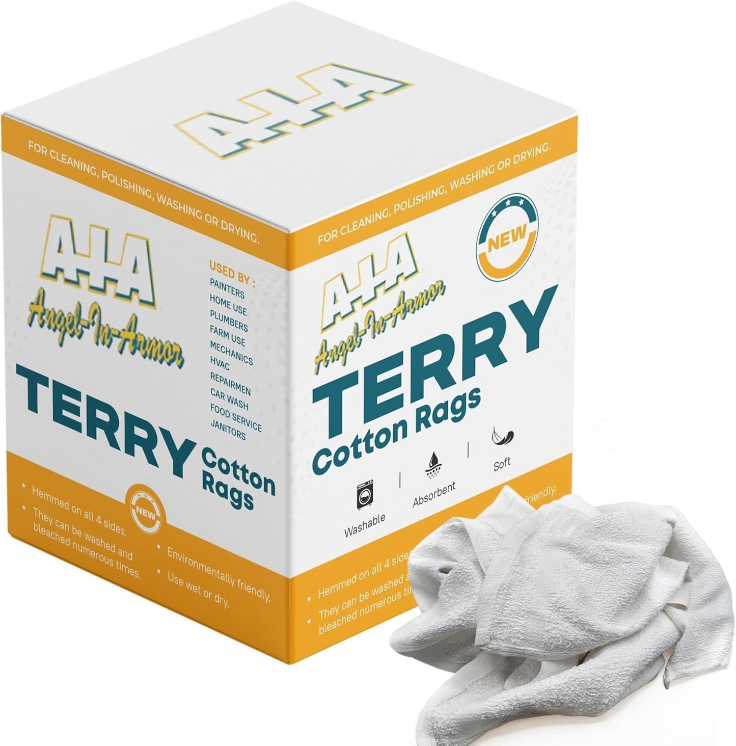 Angel-in-Armor White Terry Cloth Rags (16” x 19”) – 50lb Bulk Box of 100% Cotton Cleaning Rags – Reclaimed Towels for Plumbers, Shop Use, Janitorial, and Commercial Cleaning