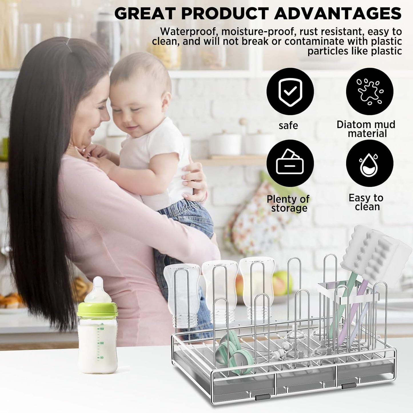Baby Bottle Drying Rack Organizer Stainless Steel Large Countertop Glass Water Bottle Dryer Holder with Diatomite Stone Quick Dry Easy Clean and Brush Holder