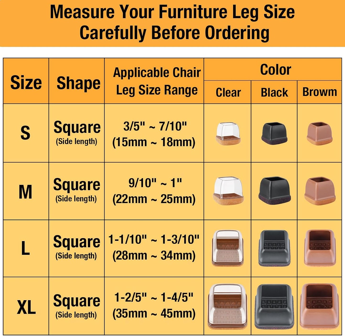 32 Pcs Chair Leg Floor Protectors Square, Silicone Chair Leg Protectors for Hardwood Floors, Chair Leg Caps Covers Protect Wooden Floors from Scratching, Thick, Won't Tear (Fit: 1-1/10" - 1-3/10")