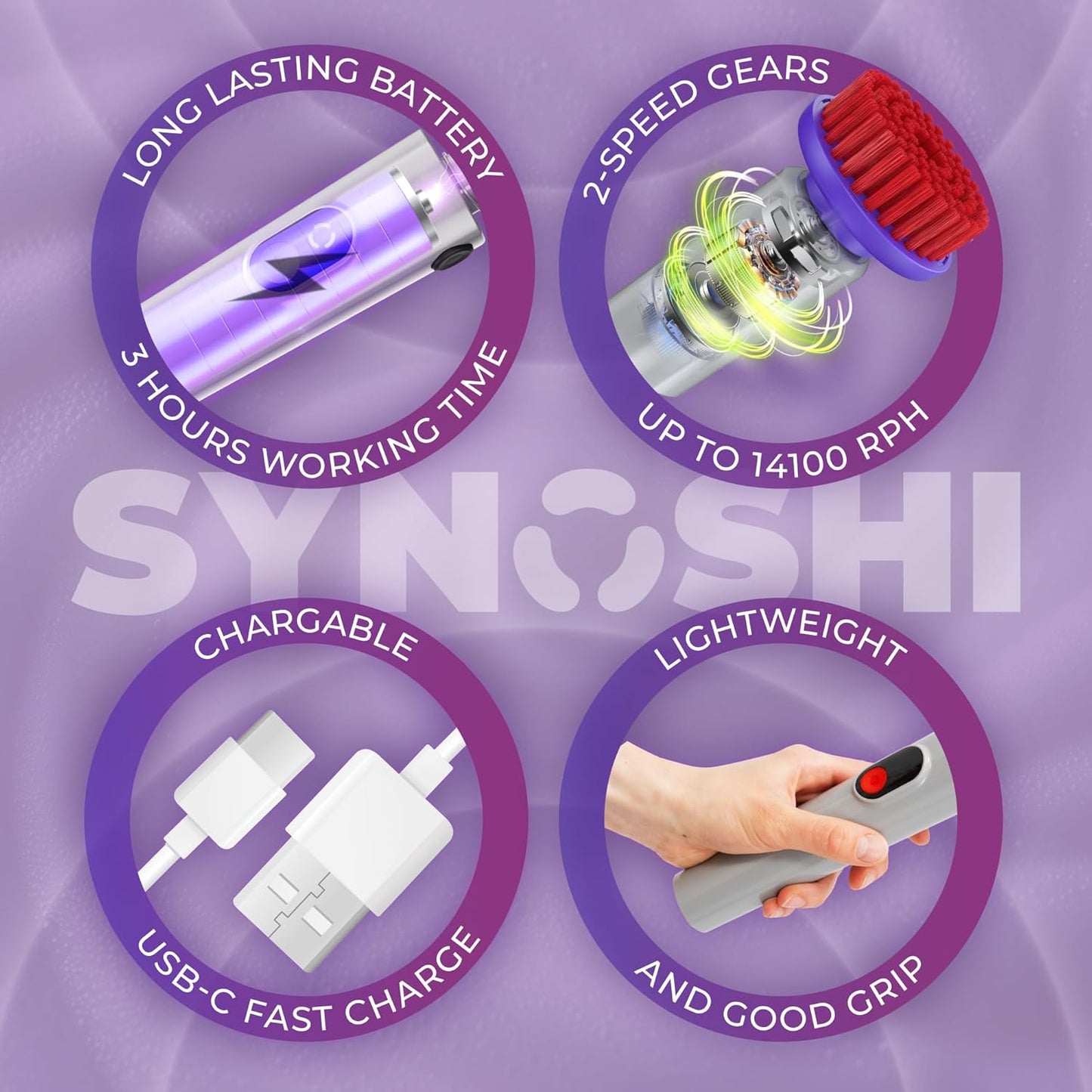 SYNOSHI PRO Electric Spin Scrubber, Cordless Cleaning Brush Bathroom Scrubber. Waterproof Shower Cleaner Brush with Adjustable Angles, 2 Speed, 180Min Work Time for Floor, Bathtub, Kitchen, Car, Tub