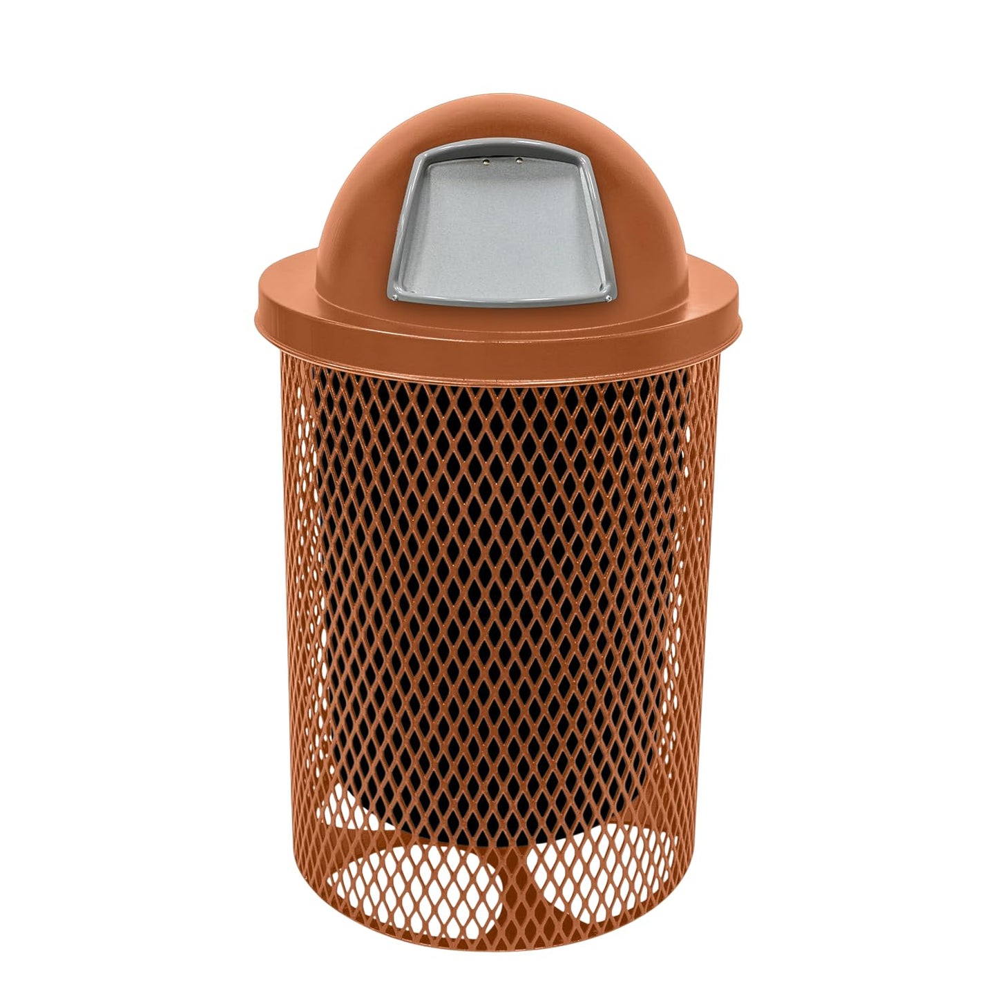 COATEDOUTDOORFURNITURE 32-Gallon Heavy-Duty Expanded Metal Round Trash Receptacle, Commercial Outdoor Waste Bin with Liner & Black Dome Lid – Made in America (Textured Copper)