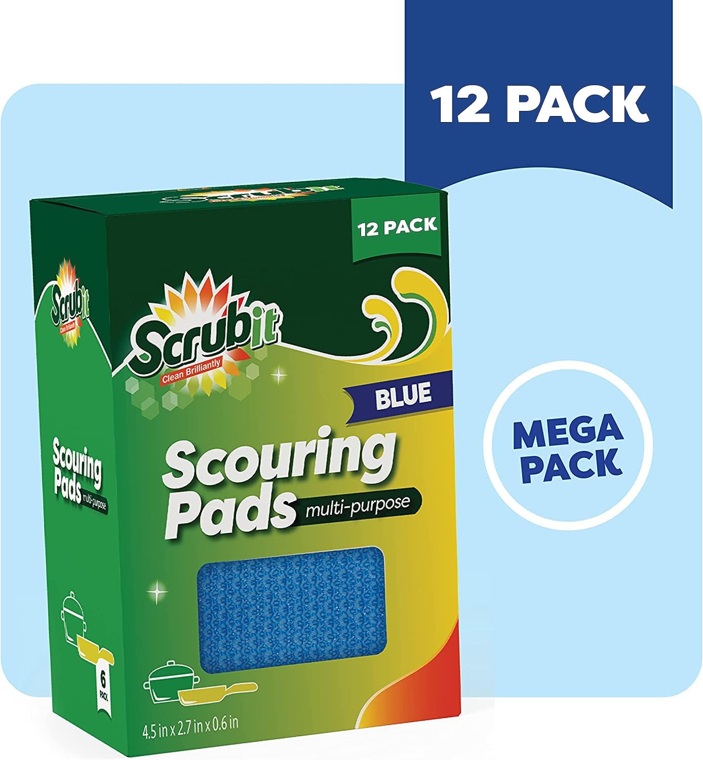 SCRUBIT Multi-Purpose Dish Scrub Sponge, Non Scratch Scouring Pads, Cleaning Sponges for pots, Dishes, & Non-Stick Cookware - Pot Scrubber Sponges for Kitchen & Bathroom - 12 Pack Dish Sponge - Blue