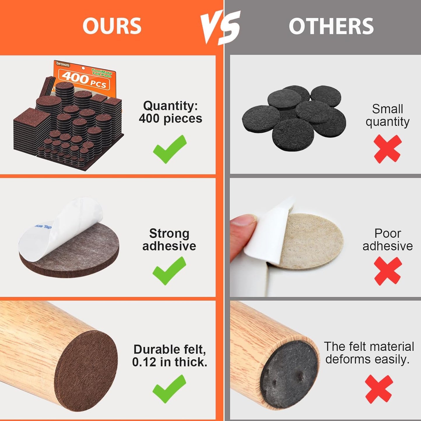 Felt Furniture Pads 400 Pieces, Furniture Pads for Hardwood Floors, Floor Protectors for Furniture Legs, Felt Pads for Furniture, Many Large Sizes Brown