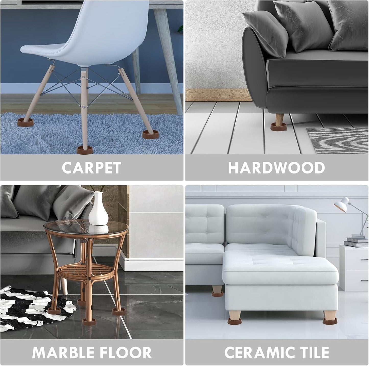 Furniture Coasters, 1.5X1.5 Rubber Caster Cups Non Slip Furniture Pads Non Skid Furnitures Grippers Anti Slide Floor Protector for Bed Couch Table Chair Stoppers (Brown, 8 Pack)