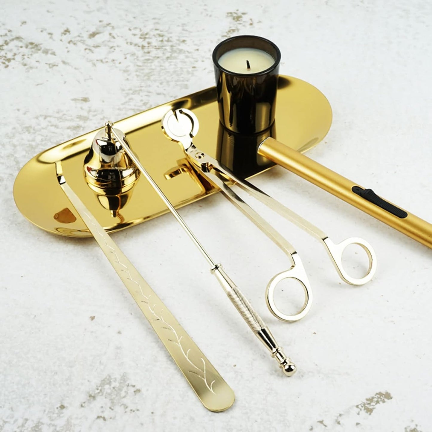 5Pcs Stainless Steel Candle Wick Trimmer Set, Candle Wick Trimmer, Candle Wick Dipper, Candle Wick Snuffer and Rechargeable Electric Candle Lighter for Candle Lovers(Gold)