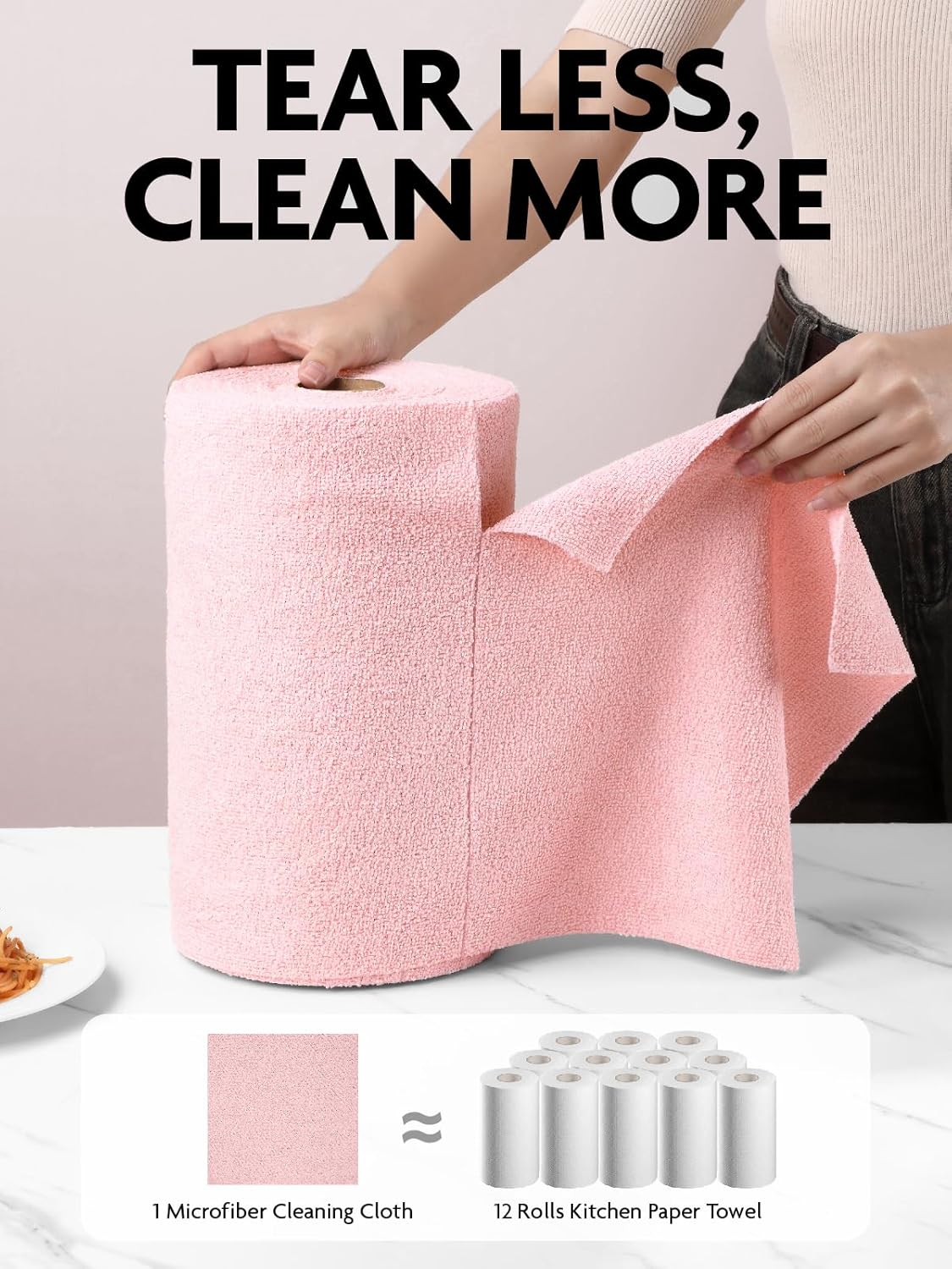 Fantasticlean Microfiber Cleaning Cloth Roll -90 Pack, Tear Away Microfiber Towels, 12" x 12", Reusable, Washable, Scratch Free, Ultra Absorbent Dishcloth for Car, Home Supplies, Pet, Kitchen (Pink)