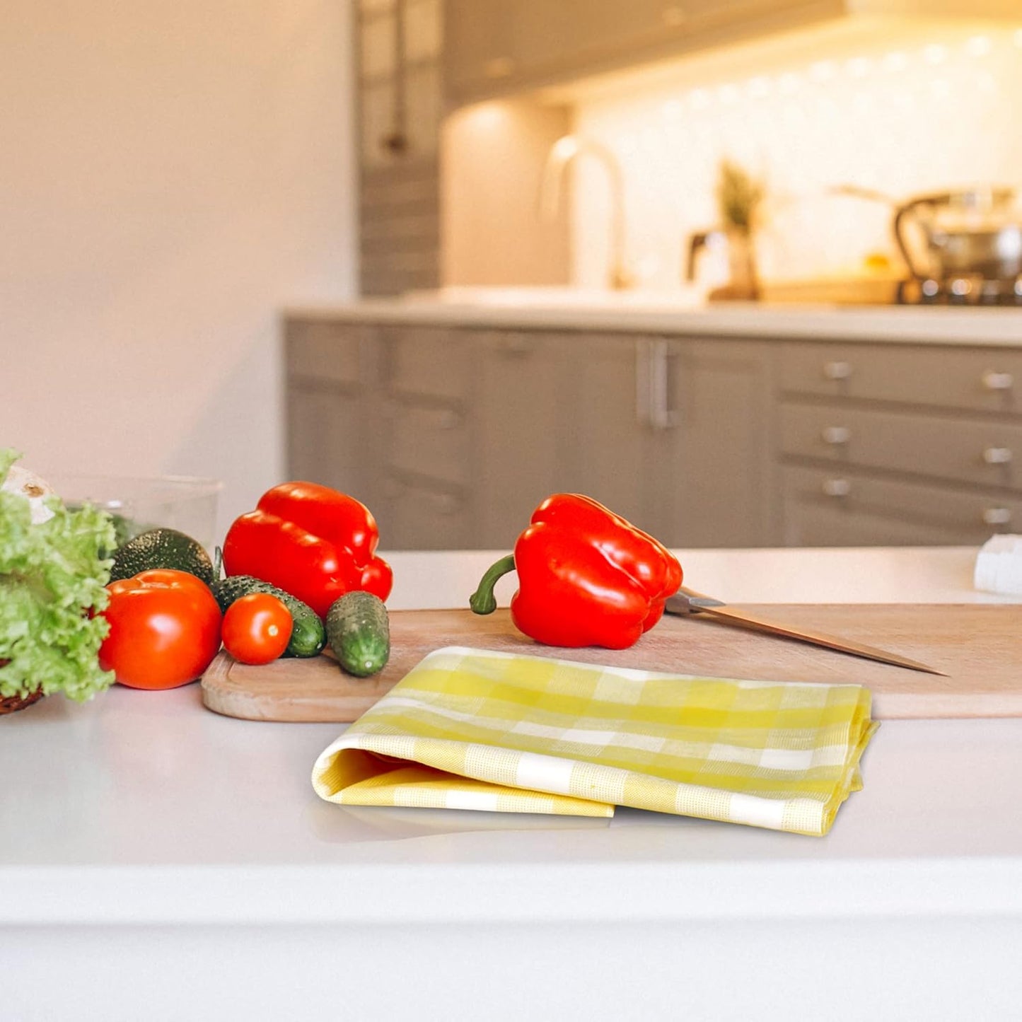 Kitchen Towels Set of 6 Soft Premium Cotton Highly Absorbent Dish Towels 20X30 Inches, Washable & Reusable Tea Towel, Quick Drying Dish Cloths for Cleaning Dishes - Yellow/White, Checks