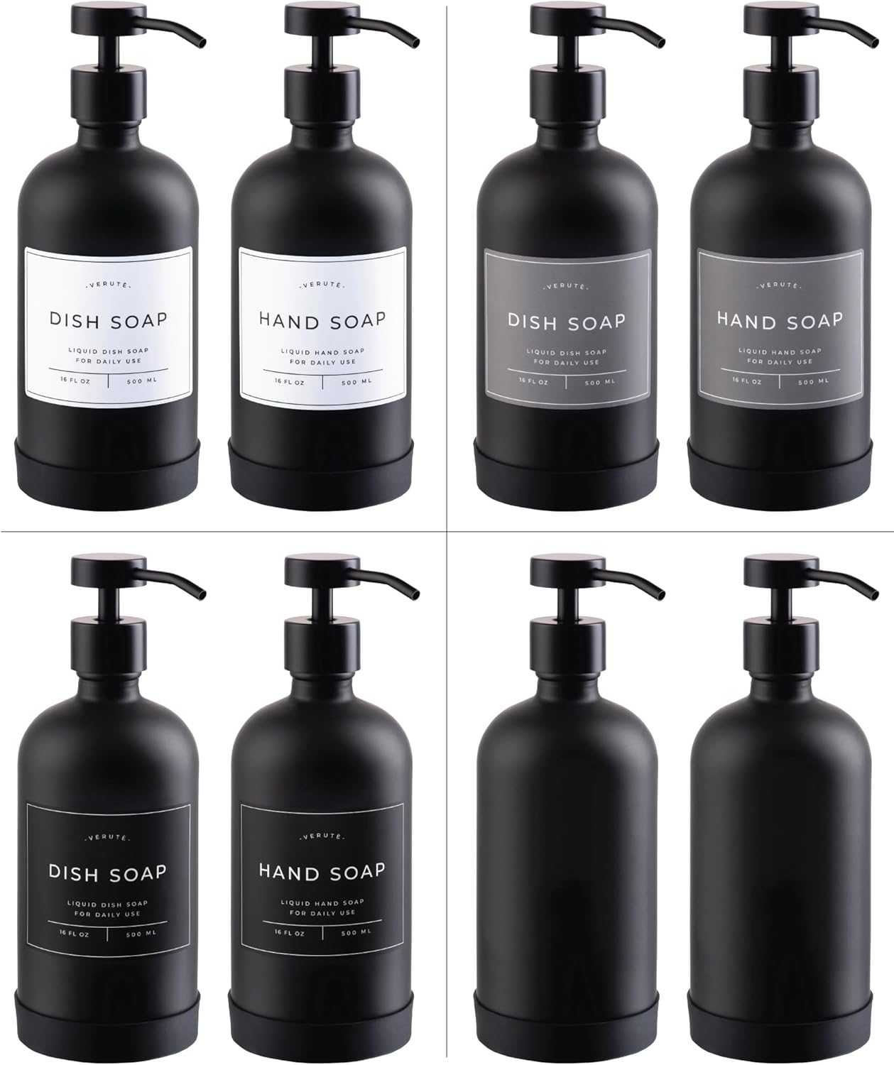 16oz Glass Soap Dispenser with Stainless Steel Pump, 21 Waterproof Labels, Non-Slip Protective Silicone Pad, Set of 2 for Bathroom & Kitchen (Matte Black Bottle/Black Pump)