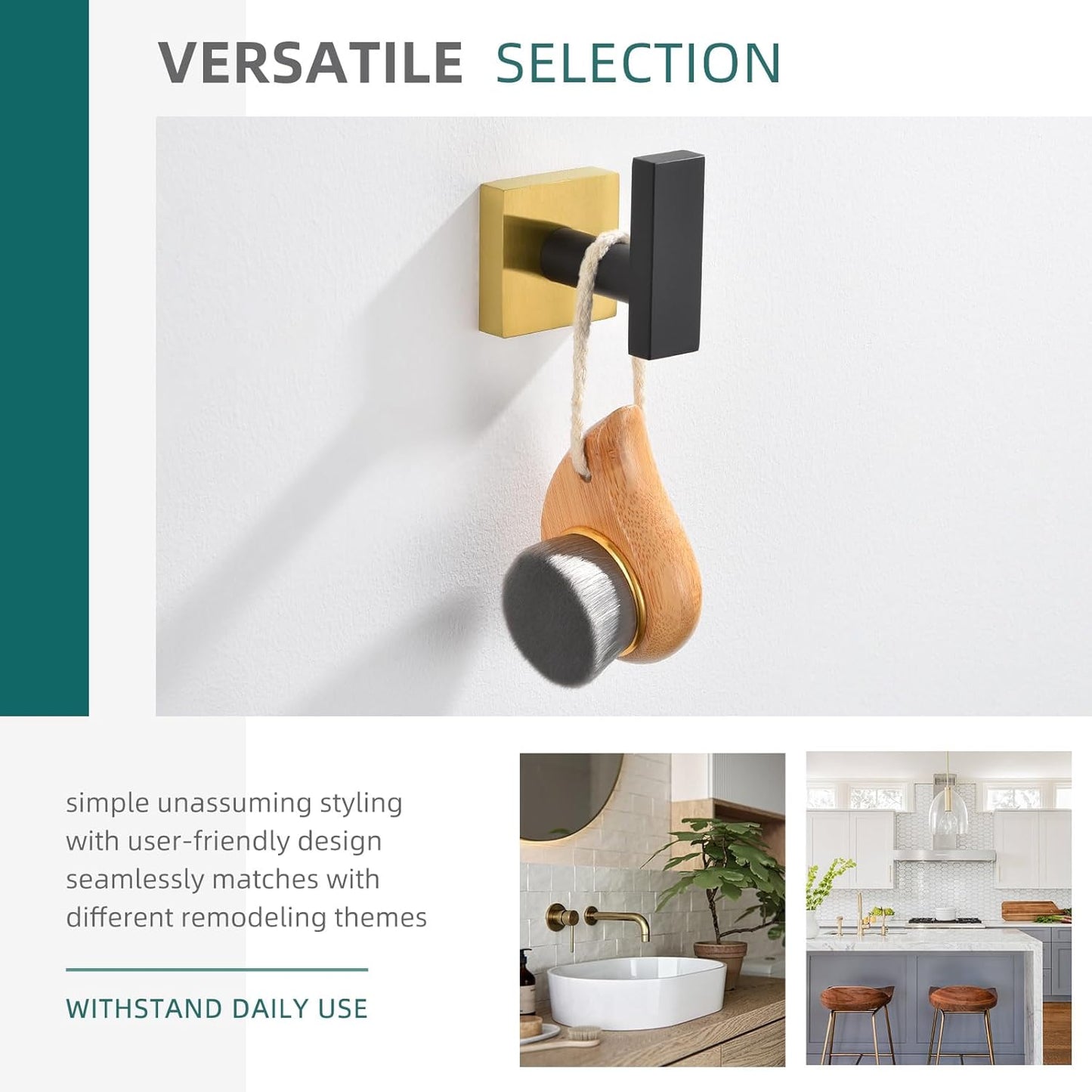 Angle Simple Towel Hook Black & Gold, Stainless Steel Bathroom Towel Holder, Robe Hook, Kitchen Towel Hanger, Wall Mount