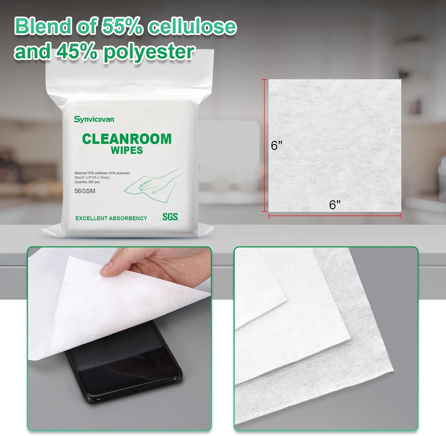 Cleanroom Wipes 6"x6" (300 Pcs, Cellulose/Polyester Blend, Grade B 56GSM) Lint Free Wipes for Laboratory, Electronics, Pharmaceutical,Printing,Automotives and Semiconductor Industries