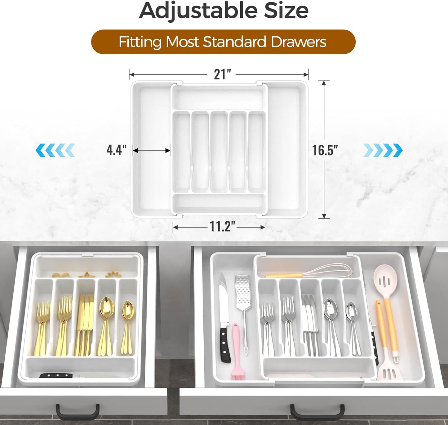 Extra Large Expandable Silverware Organizer, BPA-Free Food-Safe Cutlery Flatware Organizer, Kitchen Utensil Drawer Organizer, Adjustable Silverware Holder for Spoons Forks Knives, White