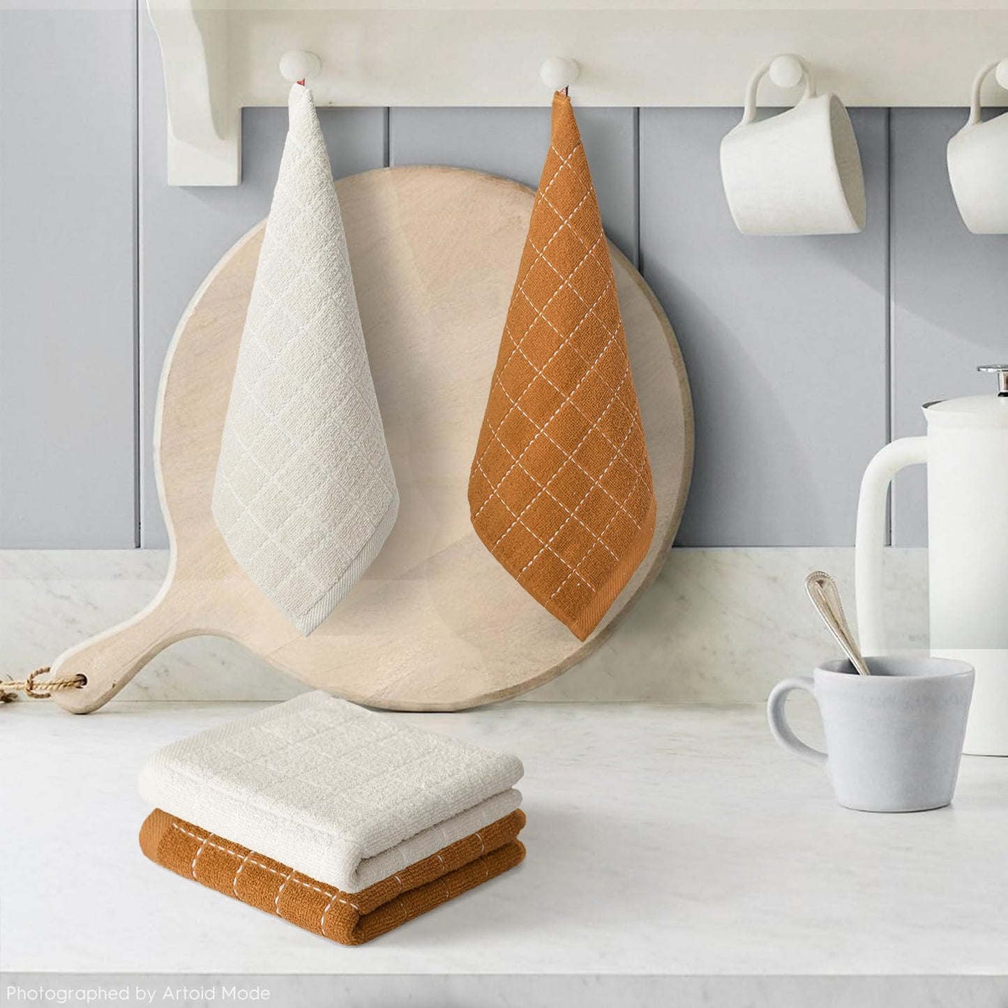 Artoid Mode Checkered Designed Cotton Beige Caramel Terry Kitchen Dish Cloths, 12x12 Inch Soft Absorbent Quick Drying Cleaning Kitchen Rags Set of 6