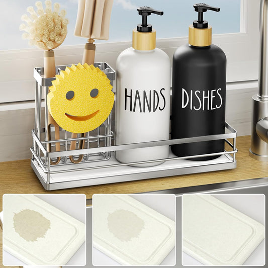Moforoco Kitchen Dish Soap Dispenser Set, 16OZ Glass Bottle, Hand and Dish Soap Dispenser Set, Instant Dry Tray, Non-Slip Silicone Pad, Brush Holder with Smiley Face Sponge Holder, Kitchen Decor