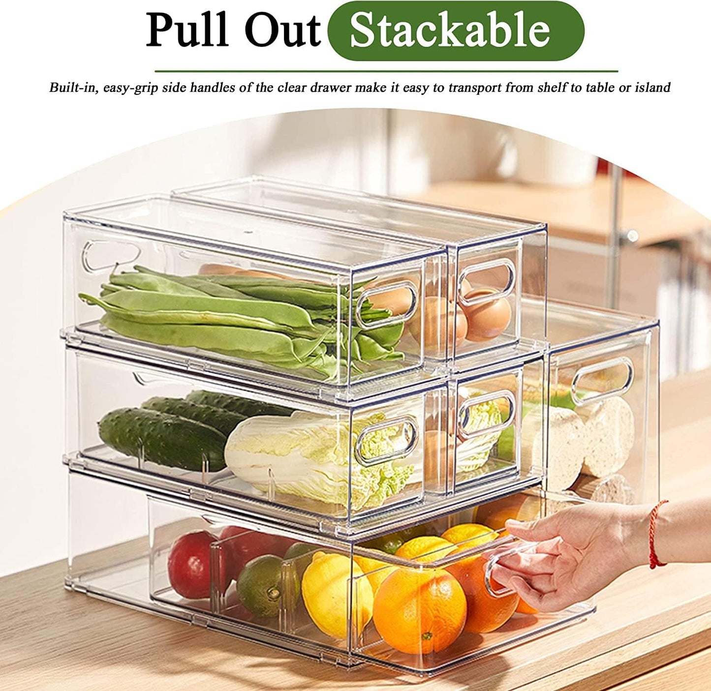 4 Pack Clear Storage Drawer Set, Stackable Fridge Drawer Organizer Fruit Vegetable Storage Containers for Kitchen Pantry Organization,BPA-Free