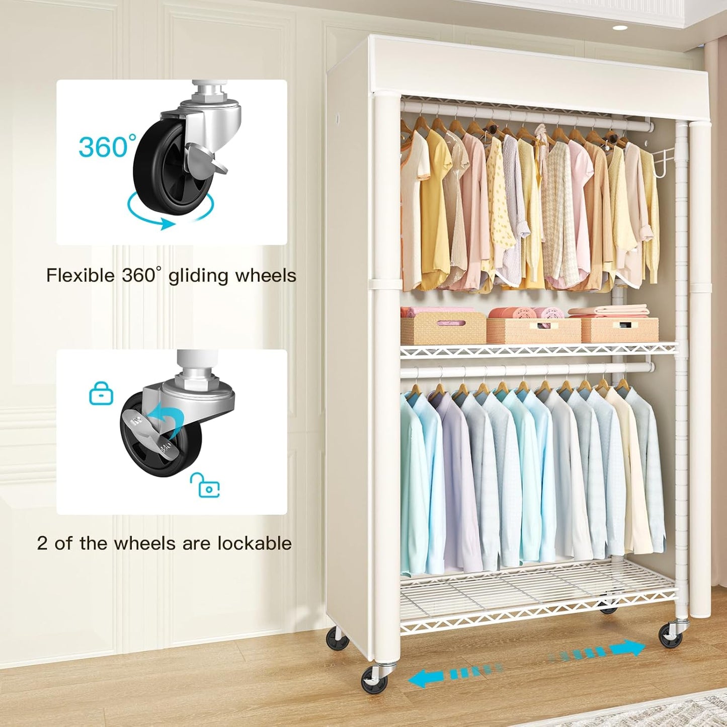 FUTASSI White Clothing Rack with Beige Cover, P1C Rolling Closets with Wheels, Metal Garment Rack for Hanging Clothes, Clothing Storage Wardrobe, 36.2" W x 16.5" D x 80.5" H, Load 450 Pounds