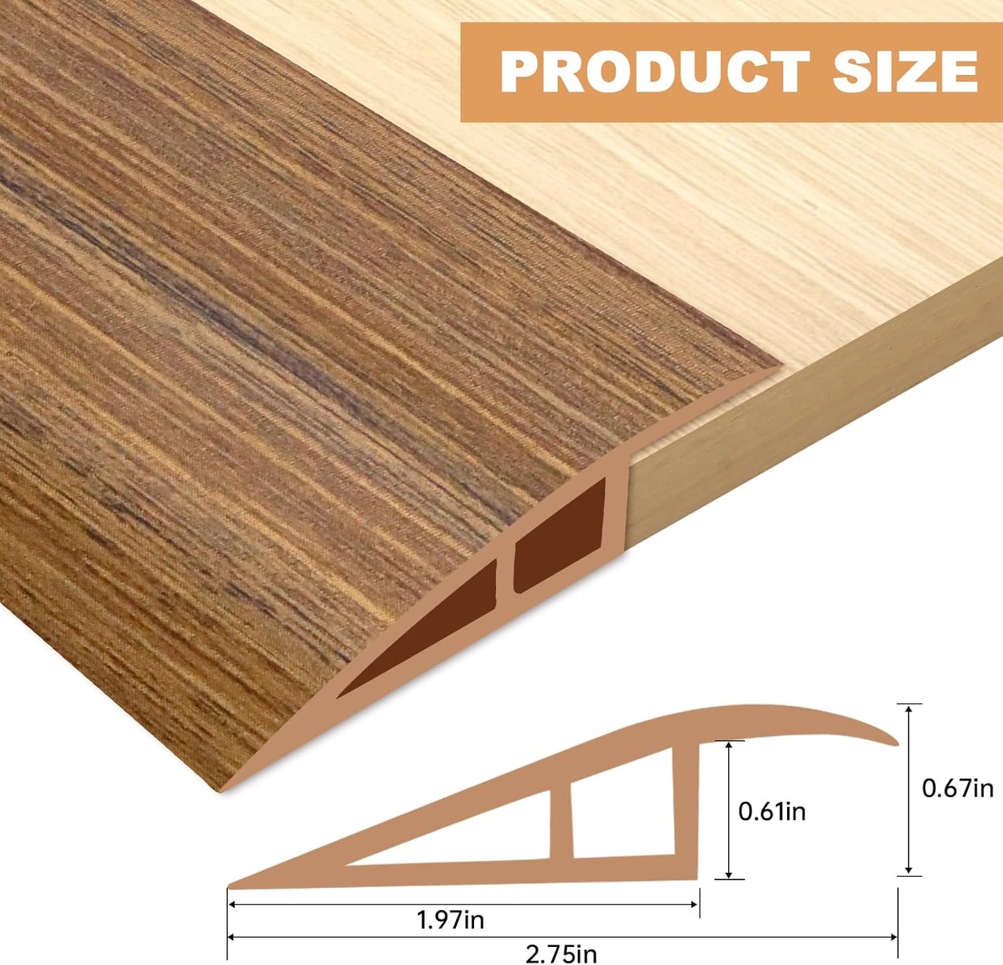 Vinyl Door Threshold Flooring Transition Strip Self Adhesive Carpet Edging Strip for Laminate Doorway Edge Threshold from 2/5" to 3/5" (Light Brown Wood Grain, 6.6 Ft)