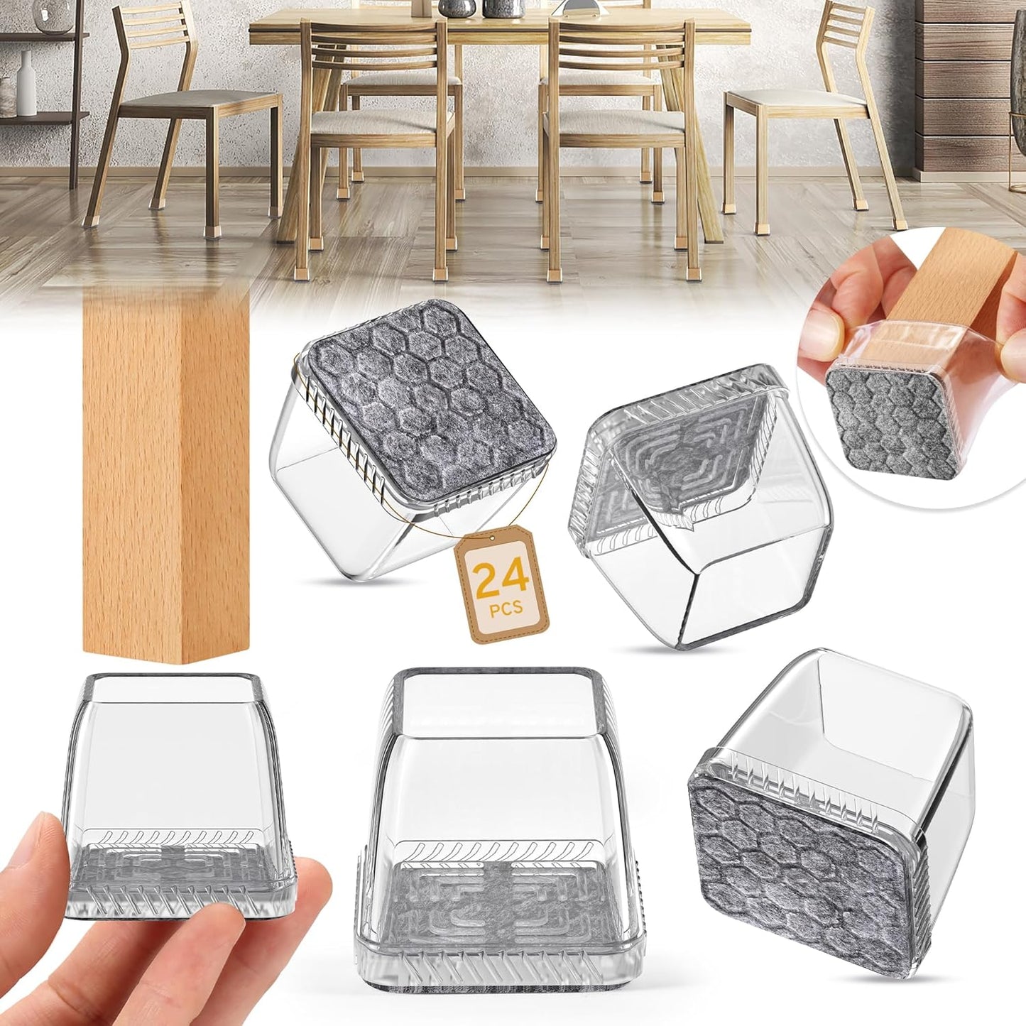 24PCS Square Chair Leg Floor Protectors, Furniture Sliders, Chair Leg Protectors for Hardwood Floors, Non-Slip Felt Furniture Pads, Silicone Cap Covers to Protect Floors, (Fit 1.1" - 1.5")