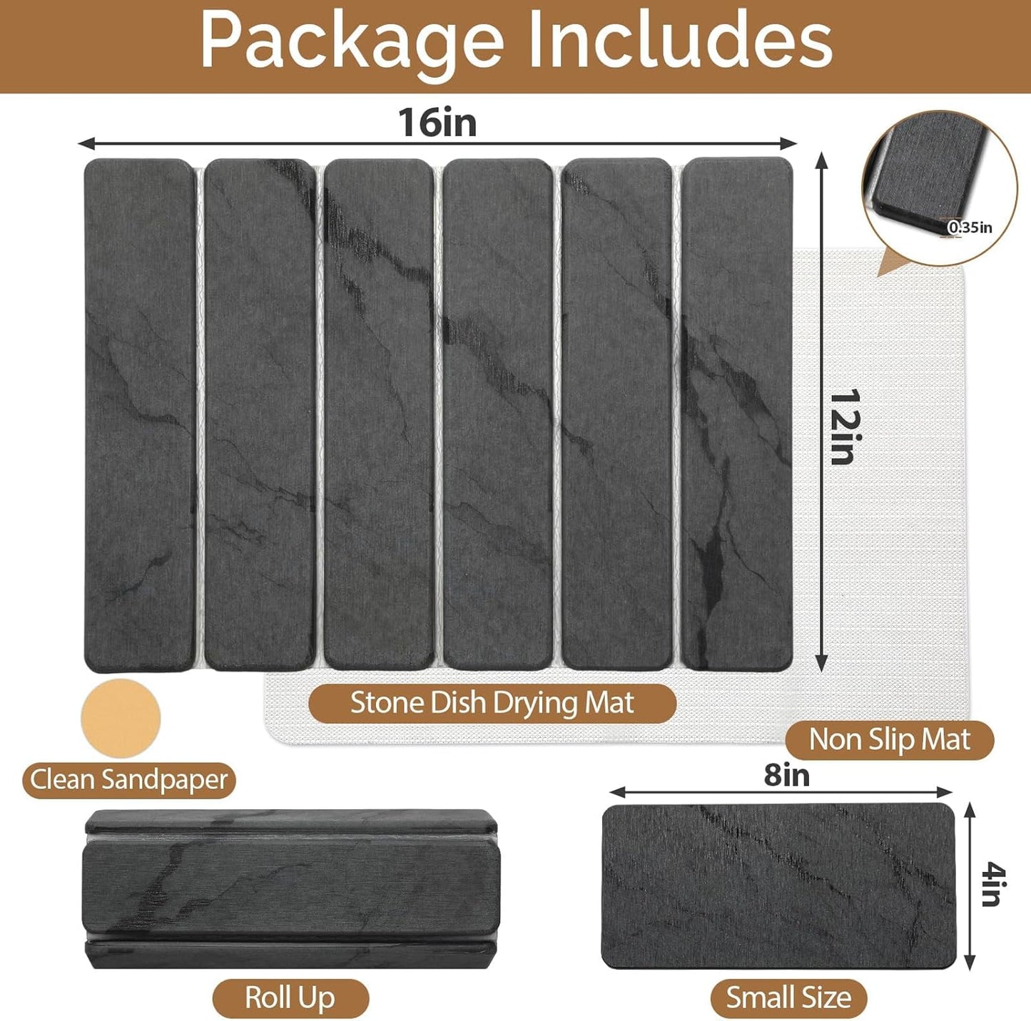 2 PCS Stone Dish Drying Mat for Kitchen Counter,Quick Dry Stone Dishes Mats,Marbled Water Absorbing Diatomaceous Earth Drying Pad for Countertop Bottles Utensils Cups(Dark Gray 16"×12" & 8"x4")