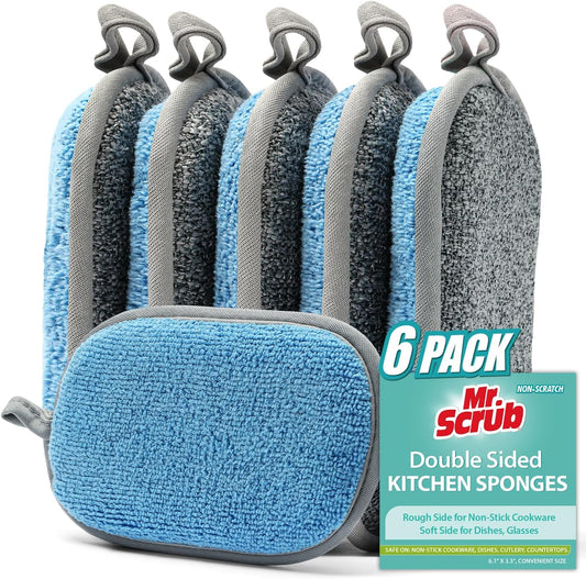 Sponges Kitchen Dish Sponge for Washing Dishes Cleaning Kitchen, All-Purpose, 6 Pack, Non Scratch, Rough Scrubbers Side for Non-Stick Cookware, Soft Microfiber Scrub Side for Dishes, Mr. Scrub