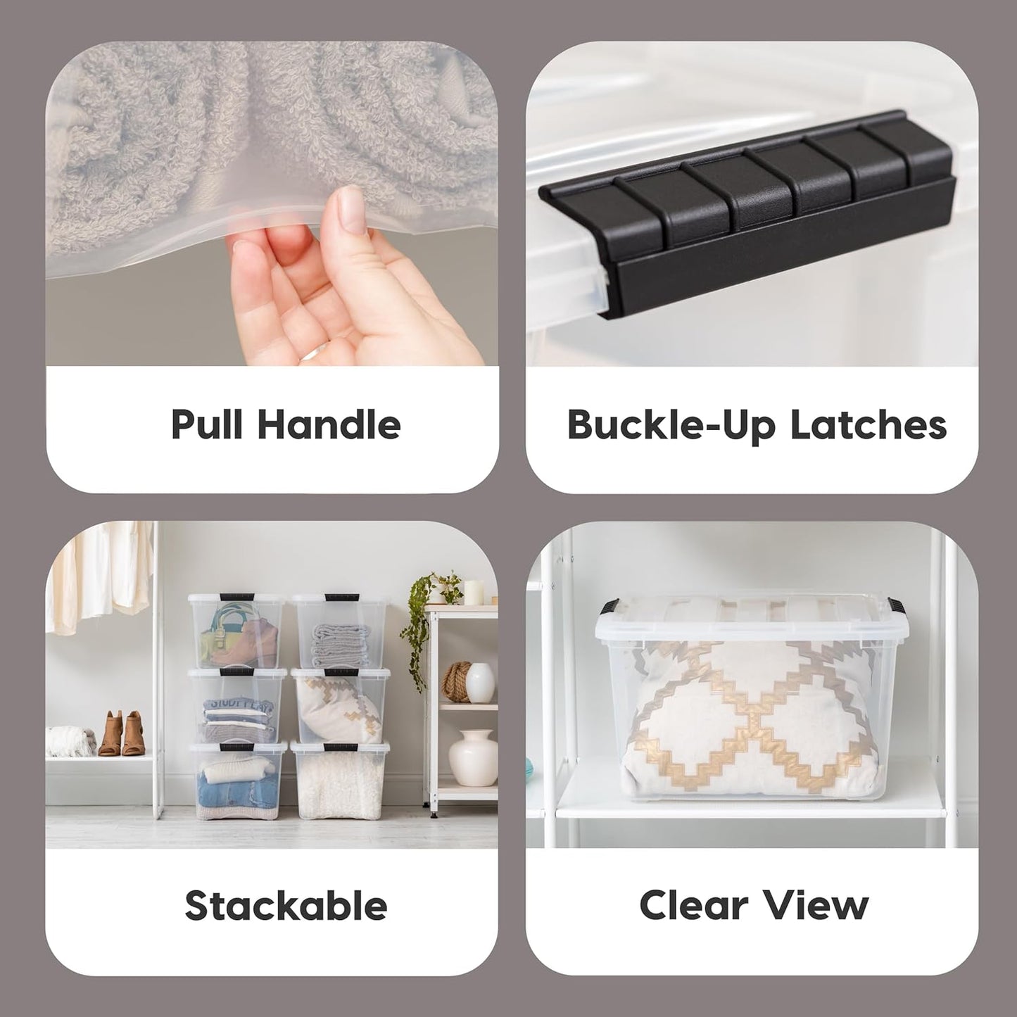 IRIS USA 40 Qt Stackable Plastic Storage Bins with Lids, 4 Pack - BPA-Free, Made in USA - See-Through Organizing Solution, Latches, Durable Nestable Containers, Secure Pull Handle - Clear