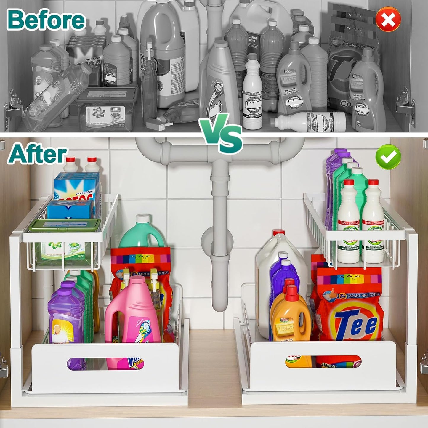 bukfen Under Sink Organizer, Pull Out Home Organizers 2-Tier Slide Out Sliding Shelf Under Cabinet Storage Multi-Use for Under Kitchen Bathroom Sink Organizers and Storage,White,2 Pack