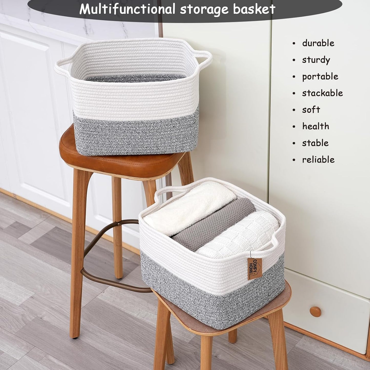 COMFY-HOMI 3-Pack Cotton Rope Woven Basket with Handles for Shelves, Book, Cloth Basket|Dog Toy Basket for Organizingy|13.5" x 11" x 9.5" for Bedroom（White/Grey）