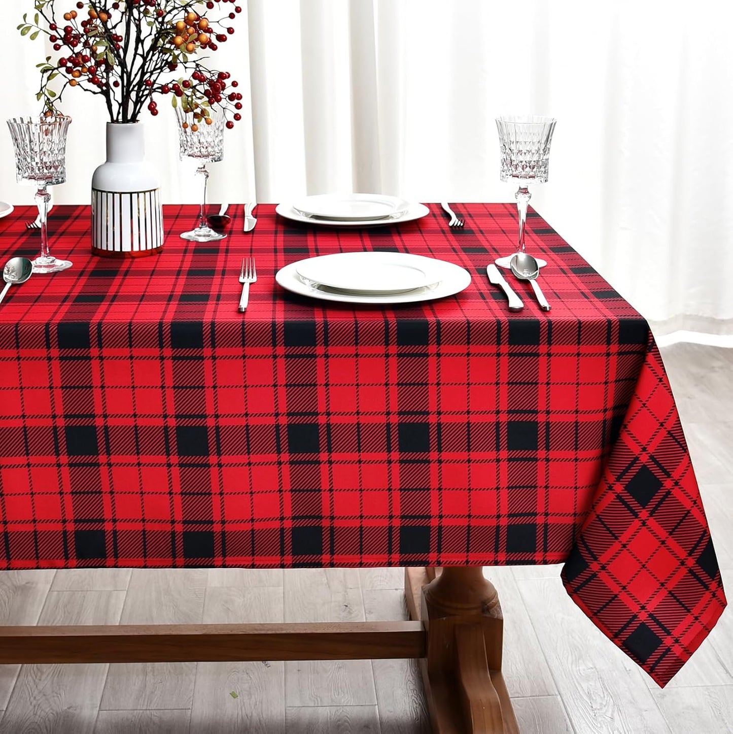 Red Gingham Christmas Plaid Tablecloth - Rectangular 58x102 Inch Water Resistant Table Cloth for Indoor/Outdoor Use - Holiday Table Cover for Kitchen, Picnics, and Parties