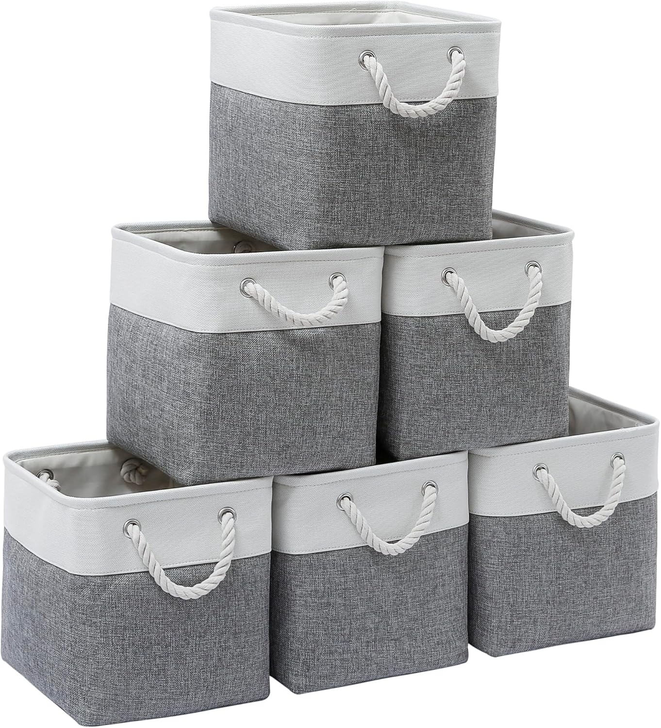 11 x 11 Inch Storage Cubes, 6 Pack Large Collapsible Fabric Storage Bin with Ropes, Foldable Storage Cubes for Home, Office,Closet, Clothes, Toys Organizer (White&Gray)