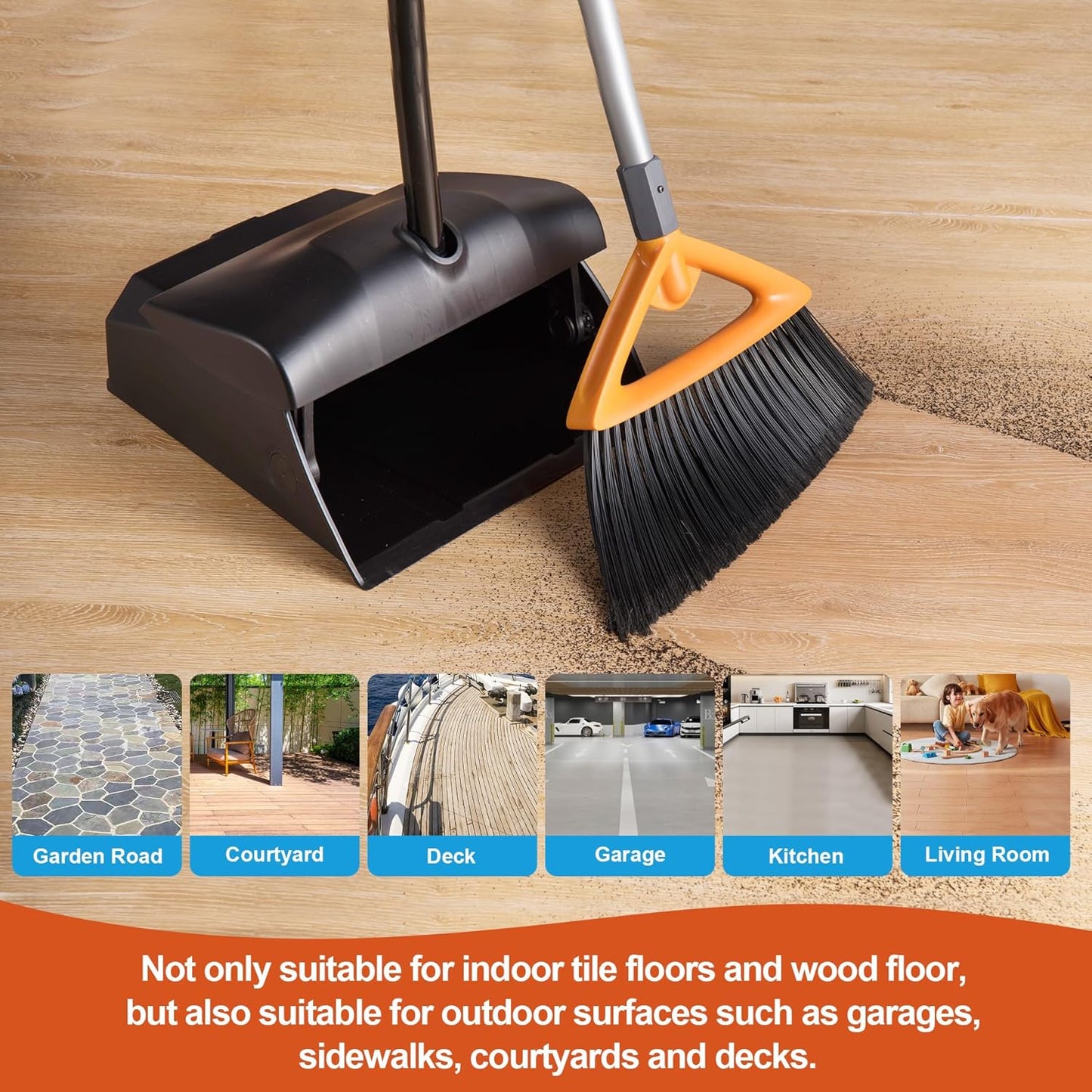 Outdoor Brooms for Sweeping Patio, Commercial Grade Heavy Duty Broom with Stiff Bristle for Sweeping Garage,Deck,Kitchen,Straw, Outside Broom for Cleaning Pet Hair,Weeds,Leaves,Grey