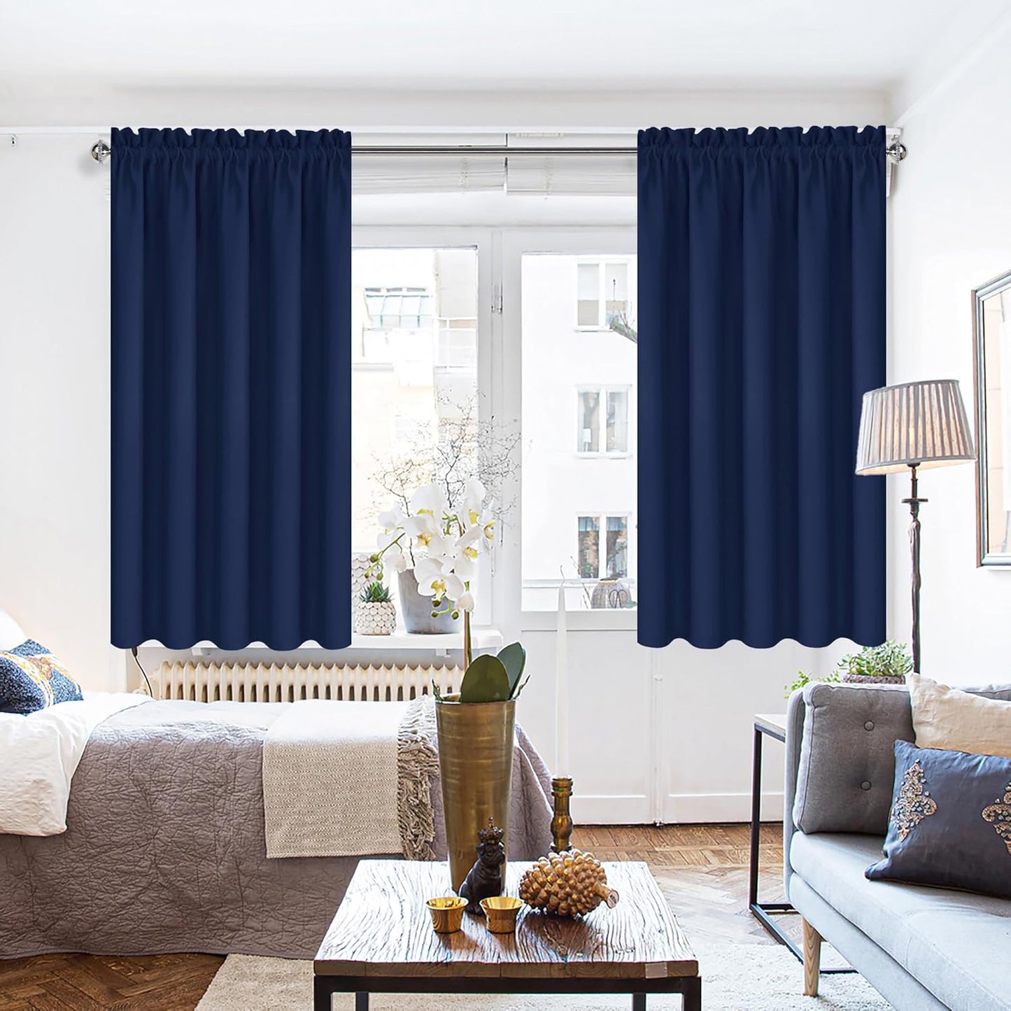 DWCN Short Blackout Curtains for Bedroom 45 Inches Long 2 Panels Set, Solid Thermal Insulated Energy Saving Window Treatment Drapes, Rod Pocket Curtains for Kids Boys Room (W52 x L45 Inch, Navy Blue)