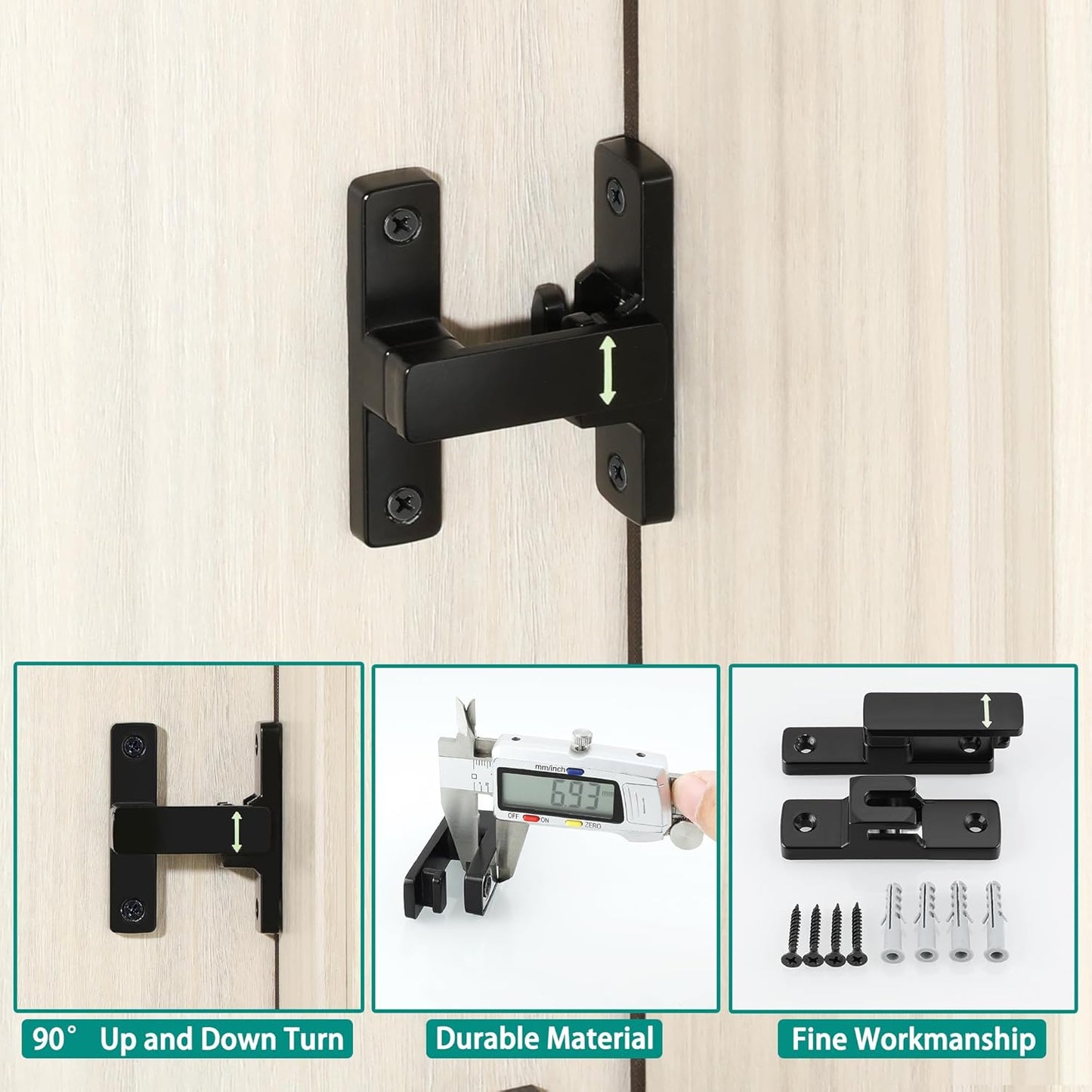 90/180 Degree Flip Latch Gate Latch, Heavy Duty Black Safety Door Lock Enhanced Security Flip Latch Lock Hardware for Interior Door Front Door Barn Garden Fence Window Bathroom Cabinet